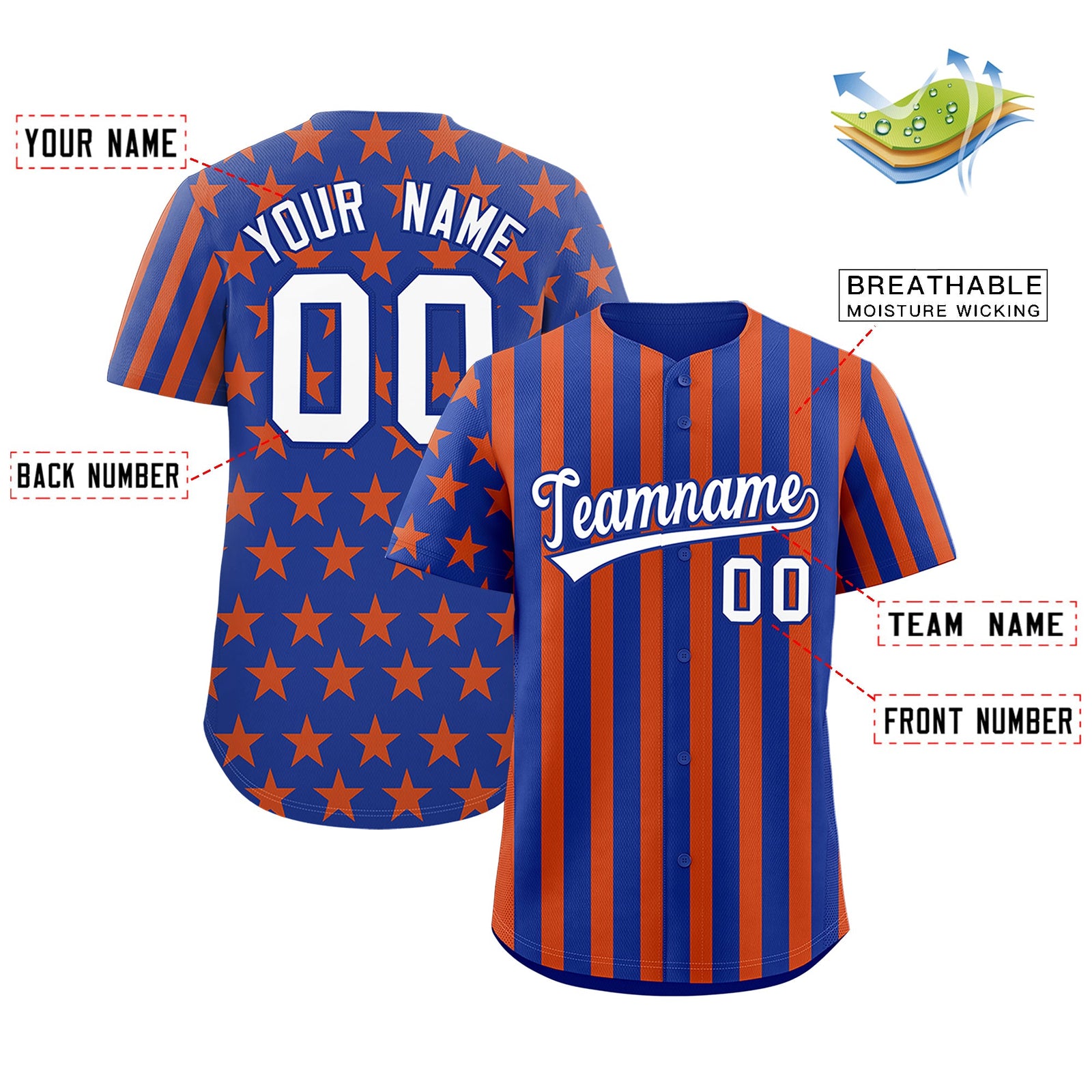 Custom Royal Blue Orange American Flag Graffiti Pattern Baseball Jersey| KXKSHOP