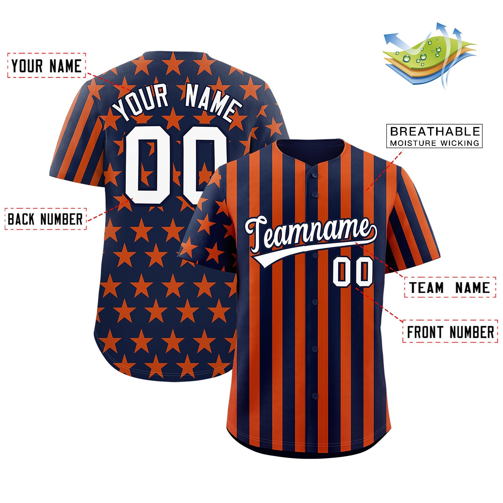 Custom Navy Orange White American Flag Graffiti Pattern Baseball Jersey| KXKSHOP