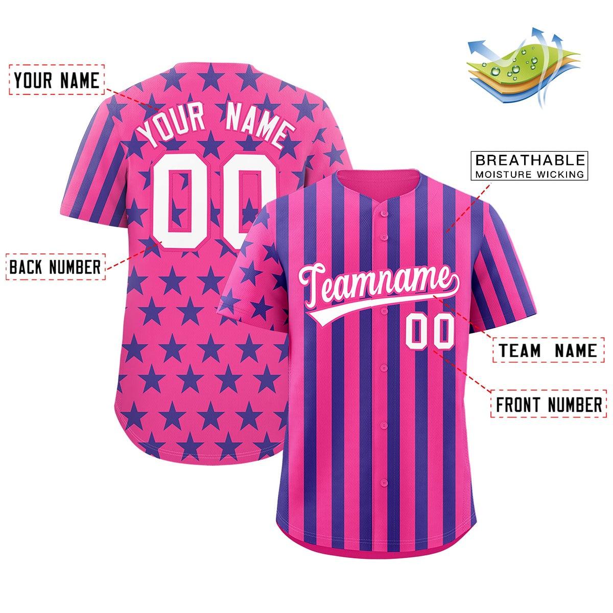 Custom Pink Royal Blue American Flag Graffiti Pattern Baseball Jersey| KXKSHOP