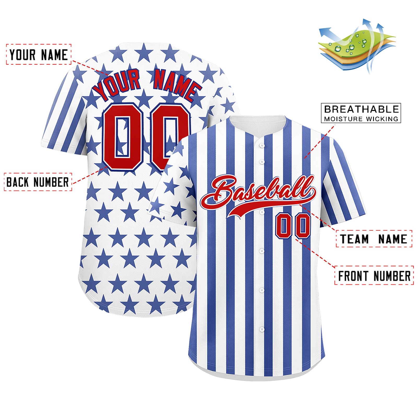 Custom White Royal Blue American Flag Graffiti Pattern Baseball Jersey| KXKSHOP