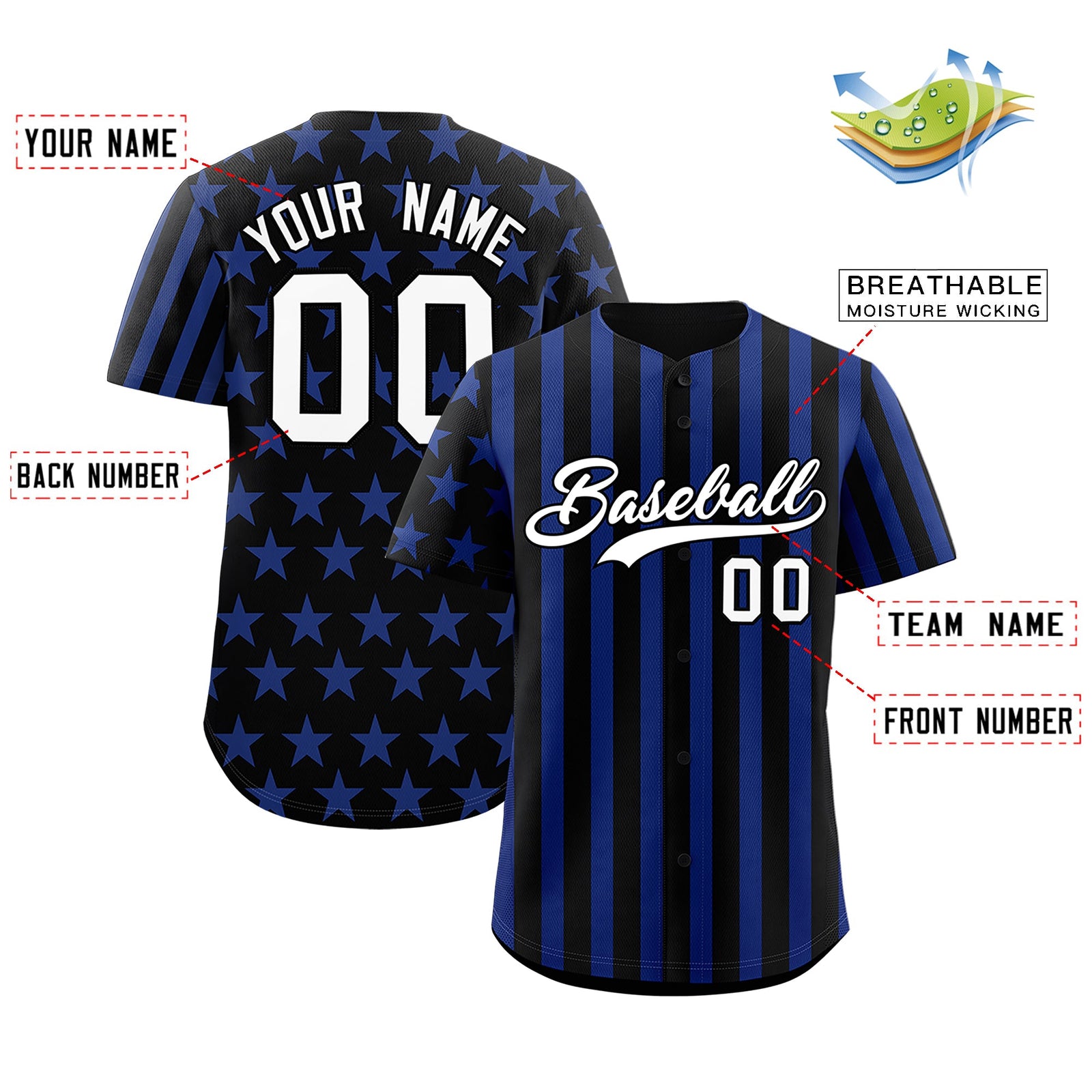 Custom Black Royal Blue American Flag Graffiti Pattern Baseball Jersey| KXKSHOP