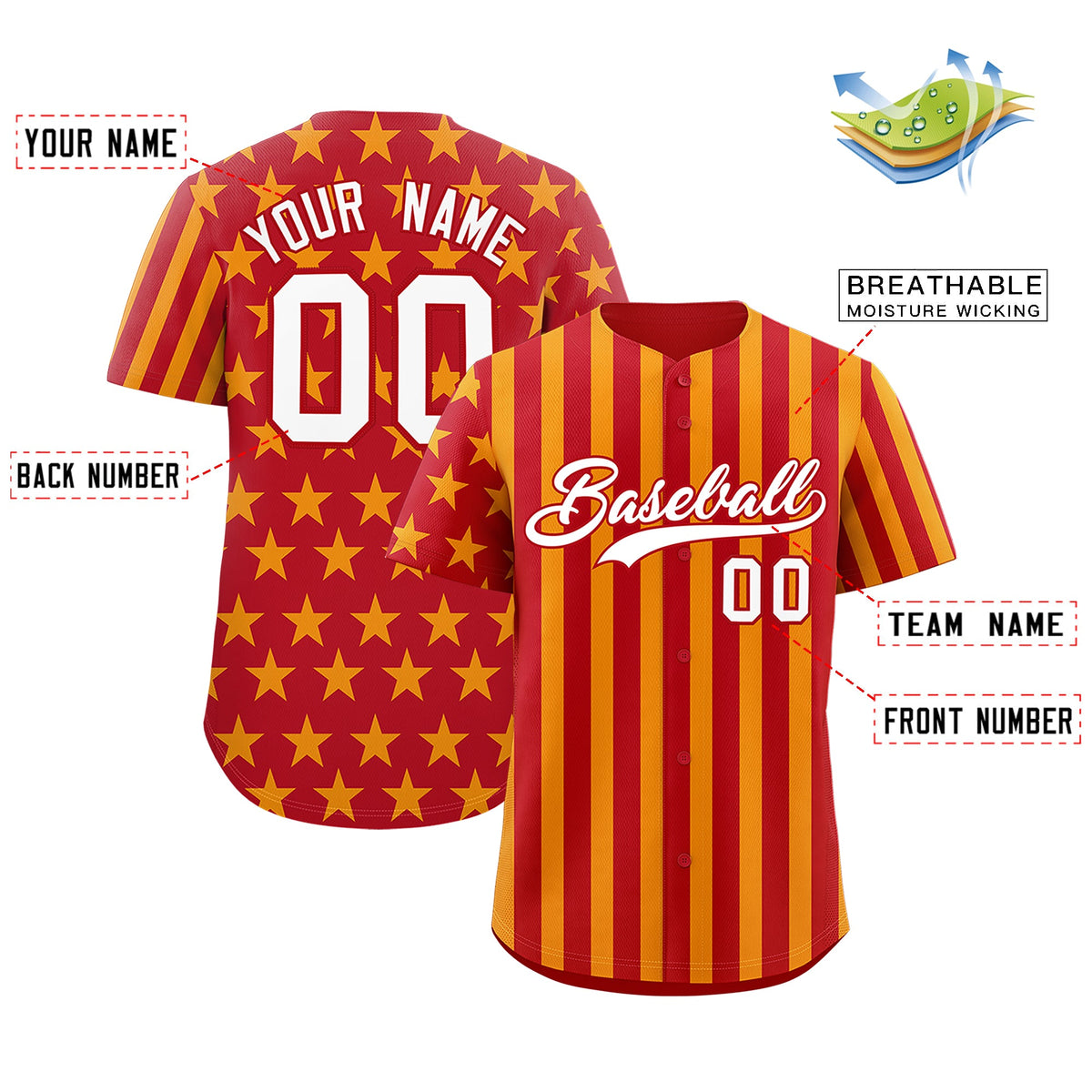 Custom Red Yellow American Flag Graffiti Pattern Baseball Jersey| KXKSHOP