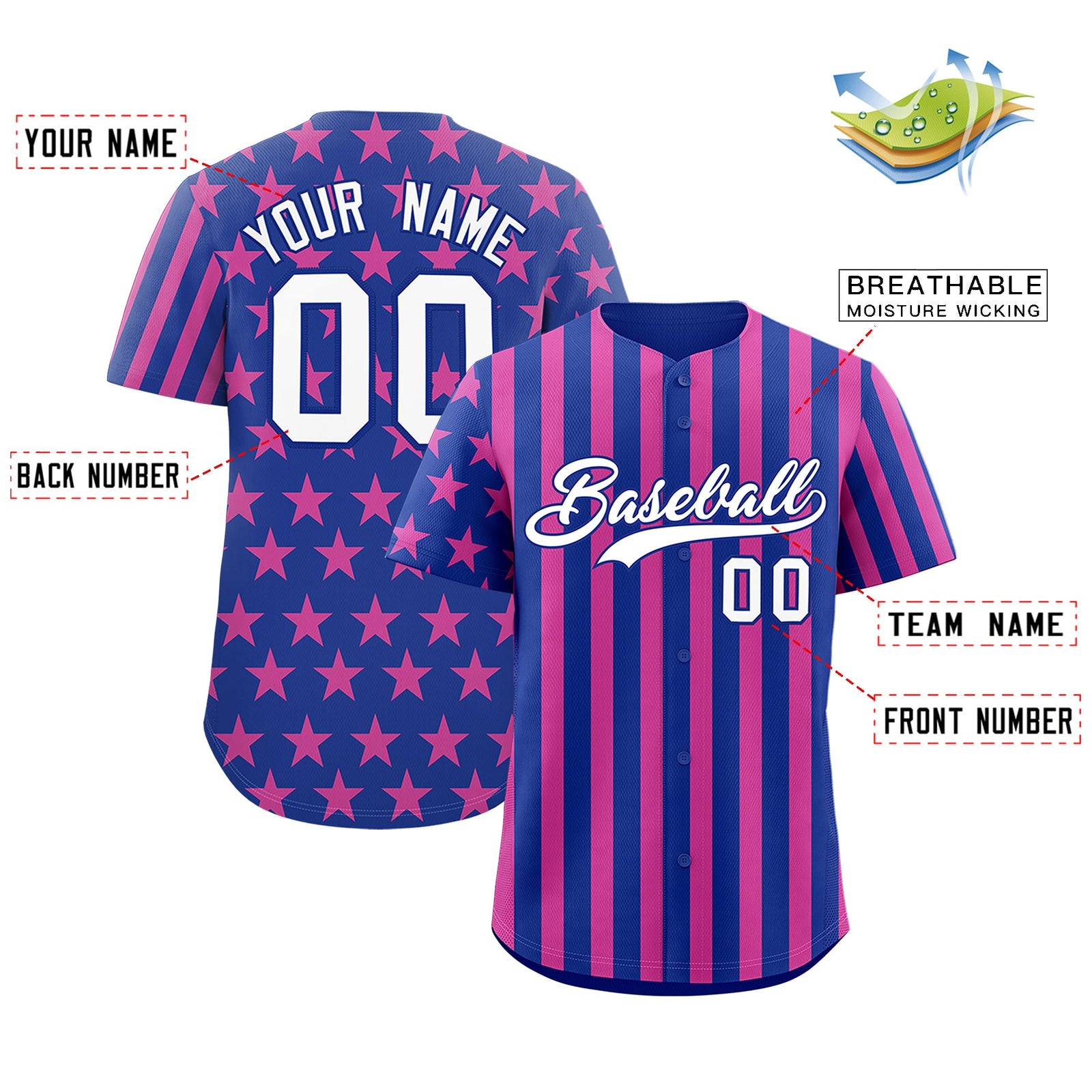 Custom Royal Blue Pink American Flag Graffiti Pattern Baseball Jersey| KXKSHOP