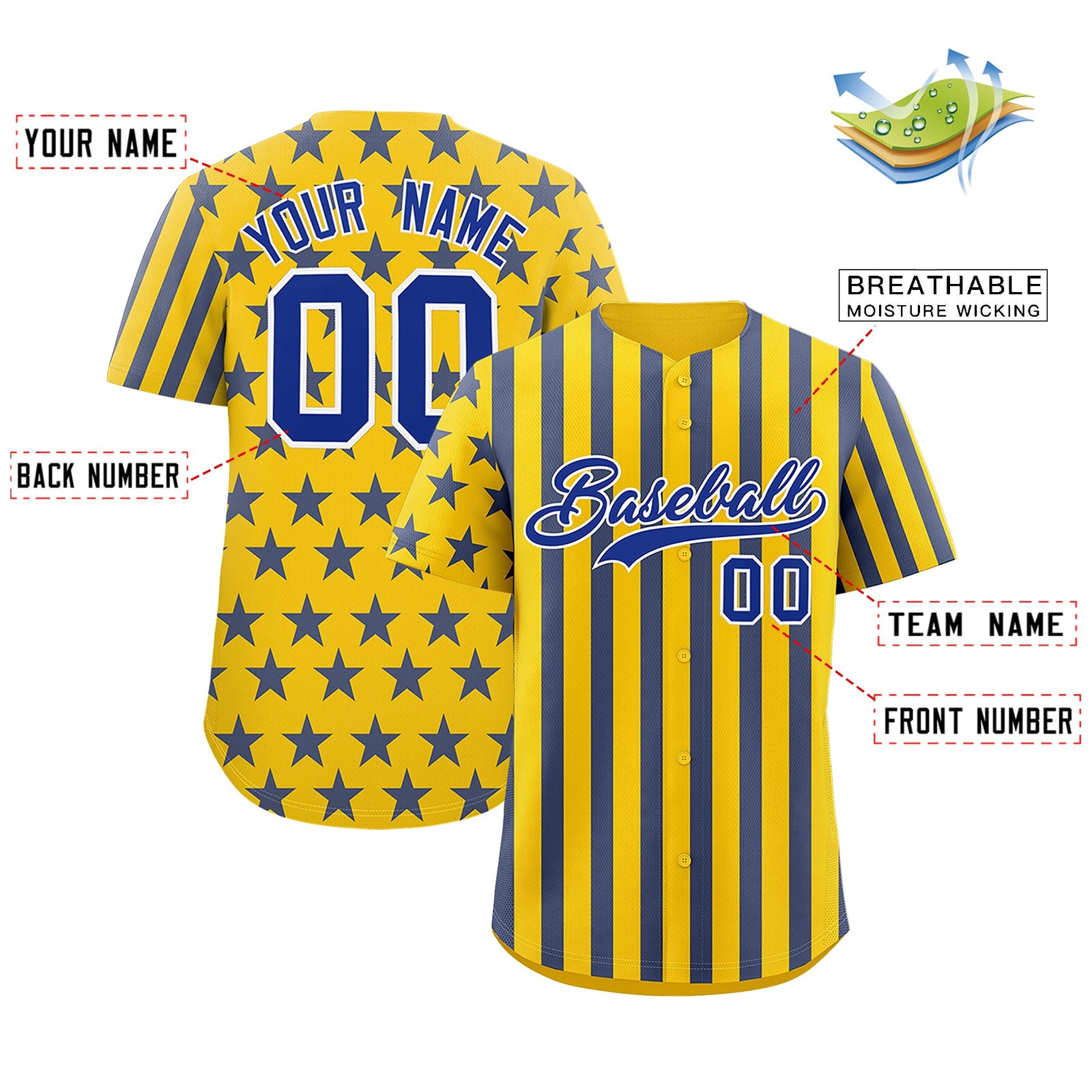 Custom Gold Royal Blue American Flag Graffiti Pattern Baseball Jersey| KXKSHOP