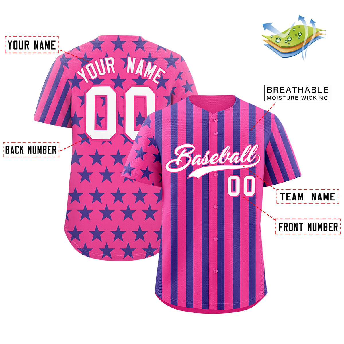 Custom Pink Royal Blue American Flag Graffiti Pattern Baseball Jersey| KXKSHOP