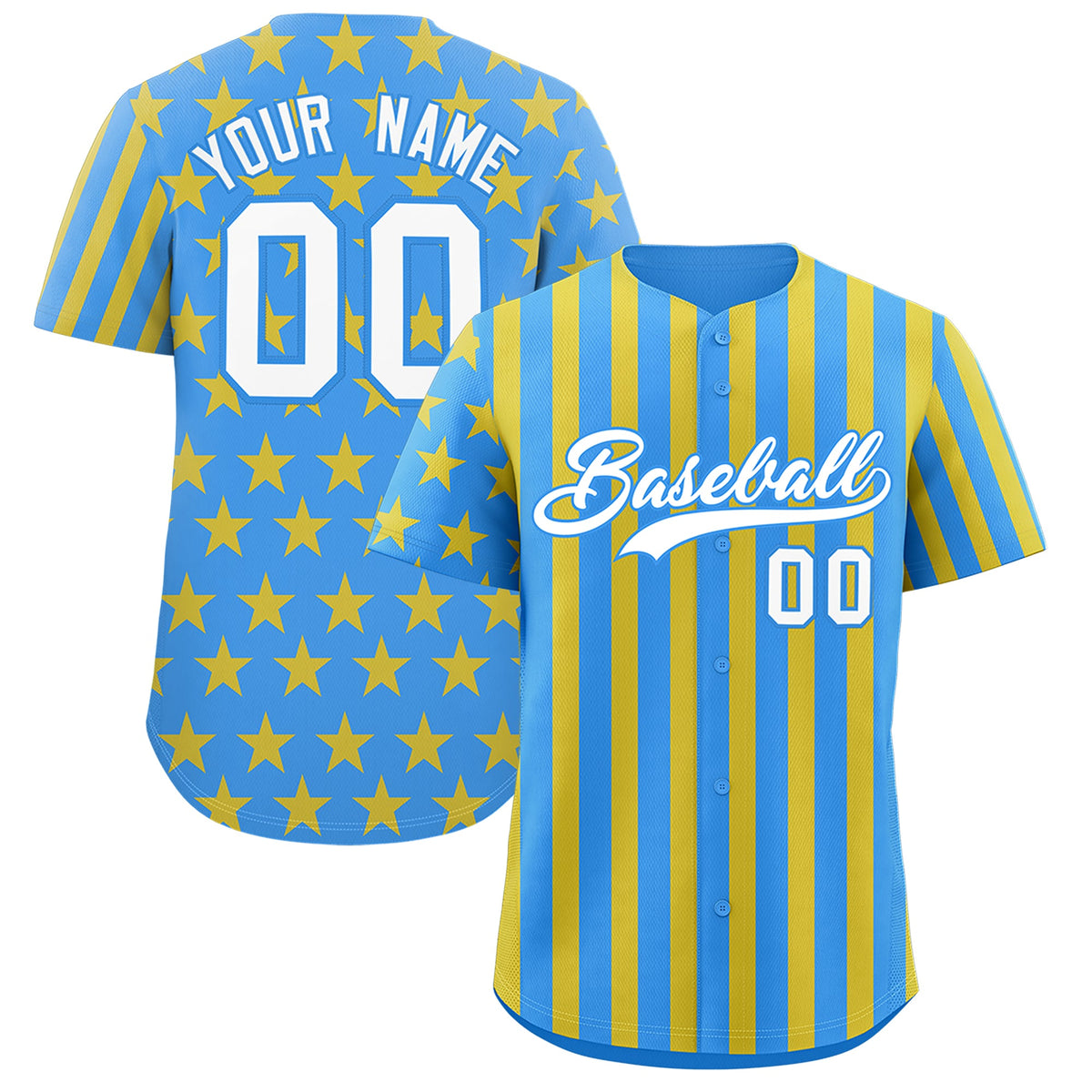 Custom Powder Blue Gold American Flag Graffiti Pattern Baseball Jersey| KXKSHOP