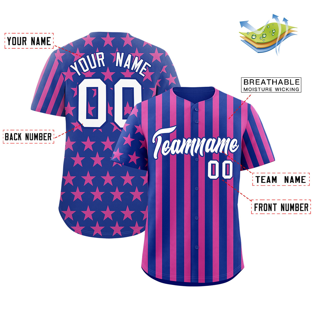 Custom Royal Blue Pink American Flag Graffiti Pattern Baseball Jersey| KXKSHOP
