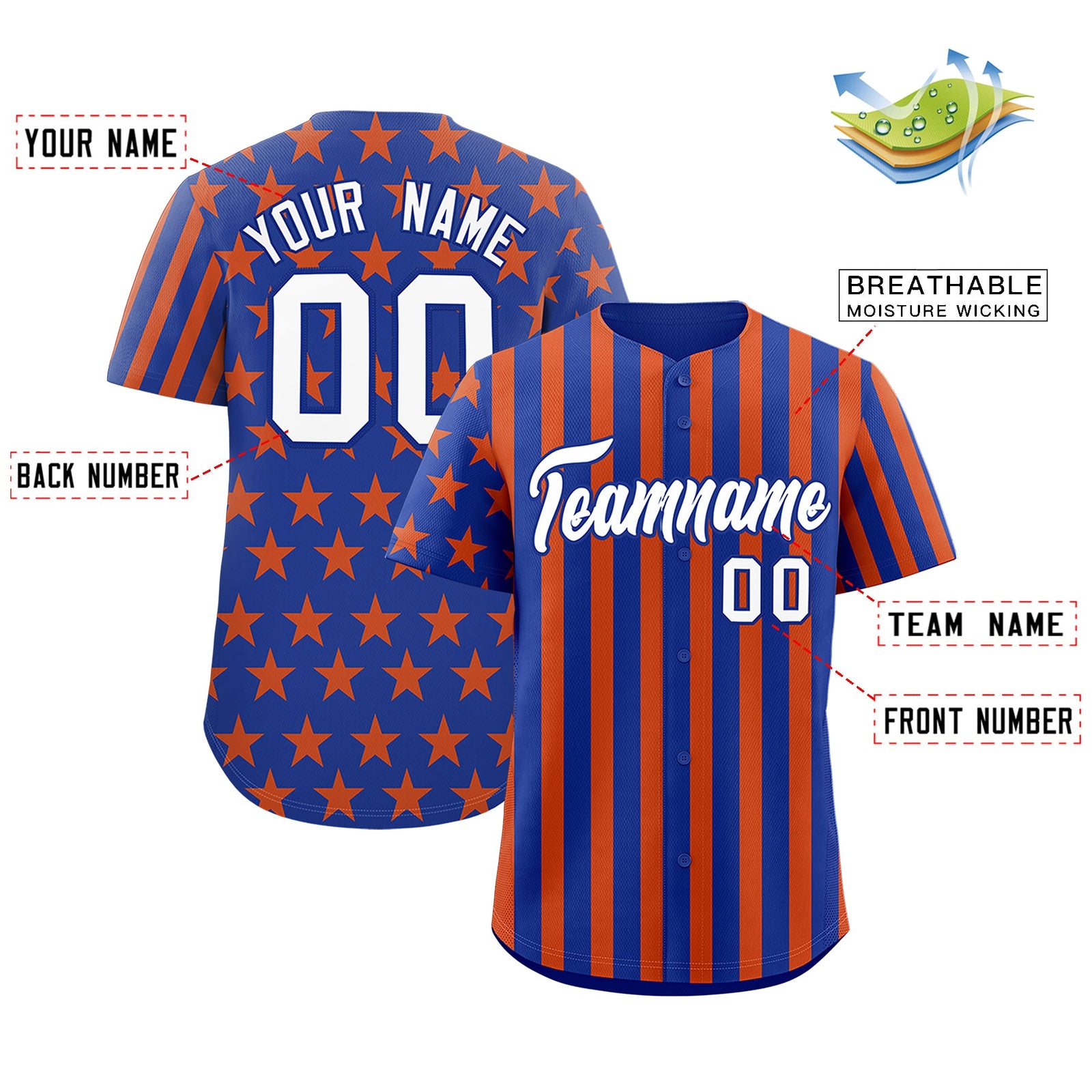Custom Royal Blue Orange American Flag Graffiti Pattern Baseball Jersey| KXKSHOP