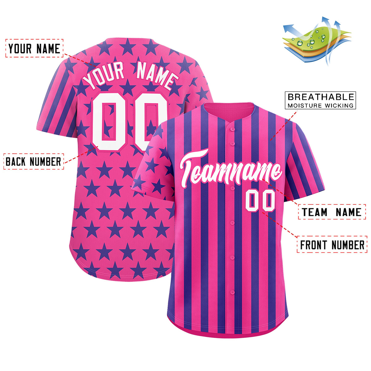 Custom Pink Royal Blue American Flag Graffiti Pattern Baseball Jersey| KXKSHOP