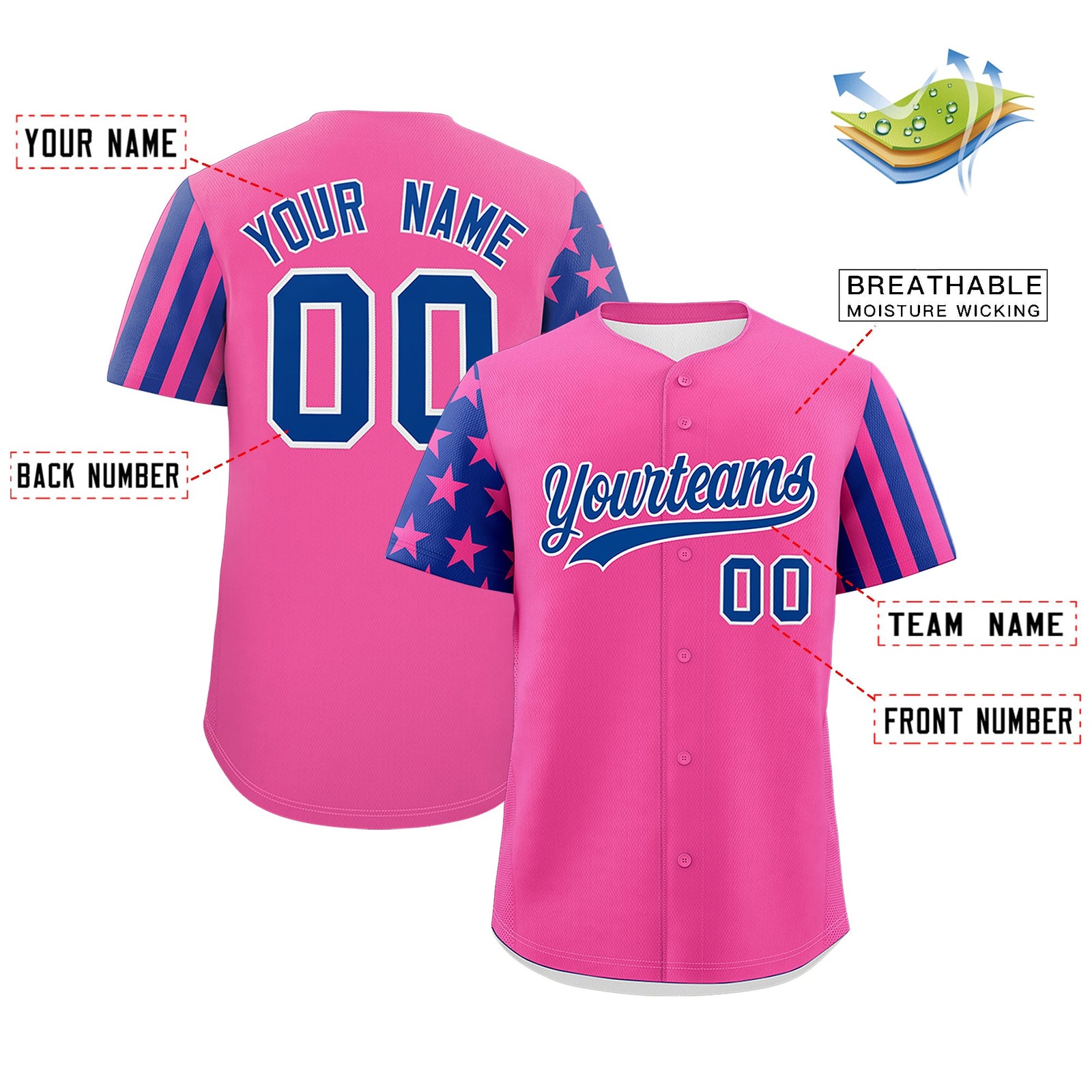 Custom Pink Royal Blue American Flag Raglan Sleeves Baseball Jersey| KXKSHOP