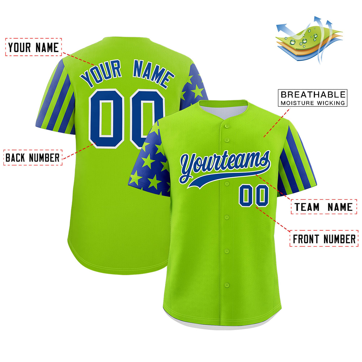 Custom Neon Green Royal Blue American Flag Raglan Sleeves Baseball Jersey| KXKSHOP