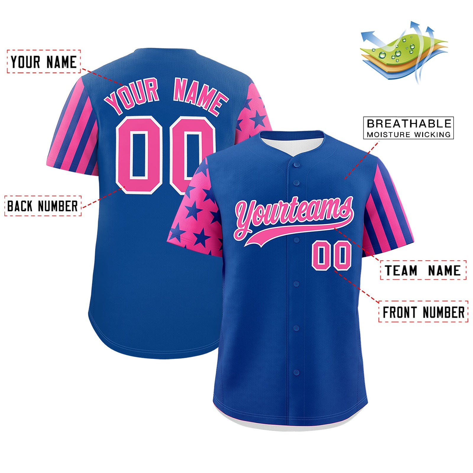 Custom Royal Blue Pink American Flag Raglan Sleeves Baseball Jersey| KXKSHOP