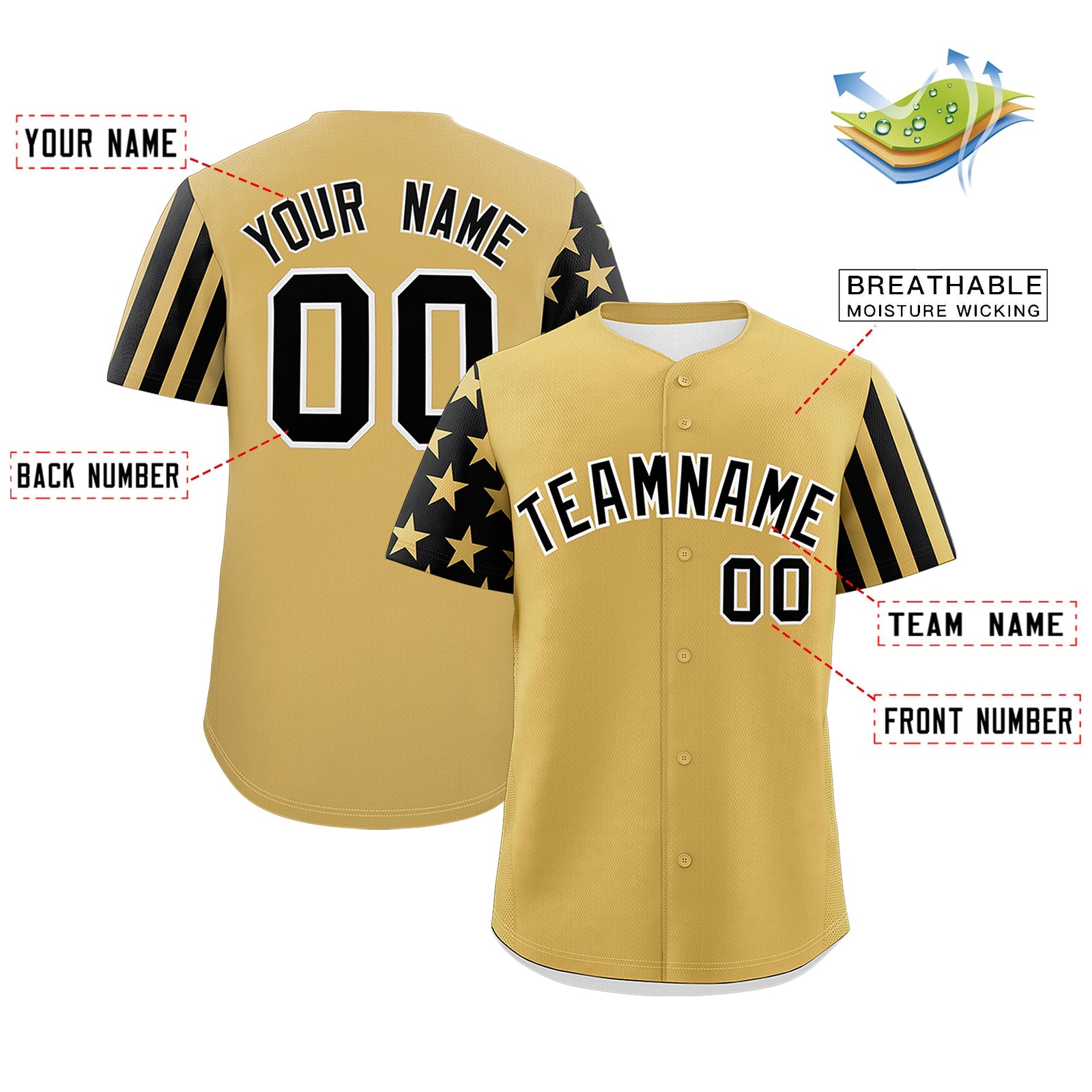 Custom Old Gold Black American Flag Raglan Sleeves Baseball Jersey| KXKSHOP