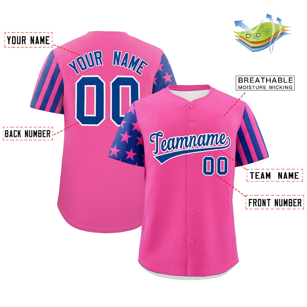 Custom Pink Royal Blue American Flag Raglan Sleeves Baseball Jersey| KXKSHOP