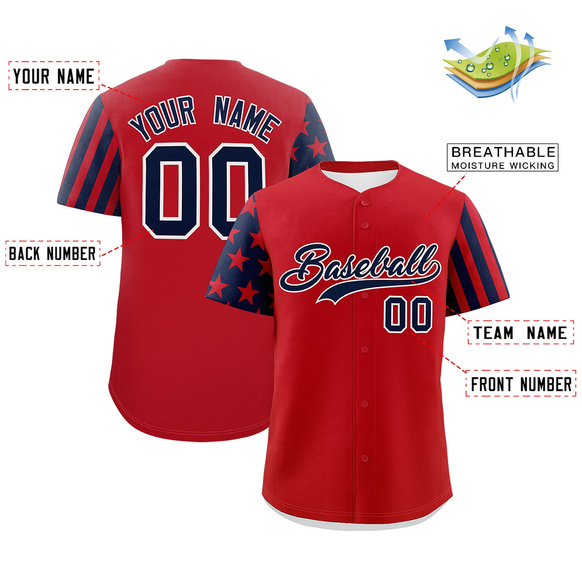 Custom Red Navy Black American Flag Raglan Sleeves Baseball Jersey| KXKSHOP
