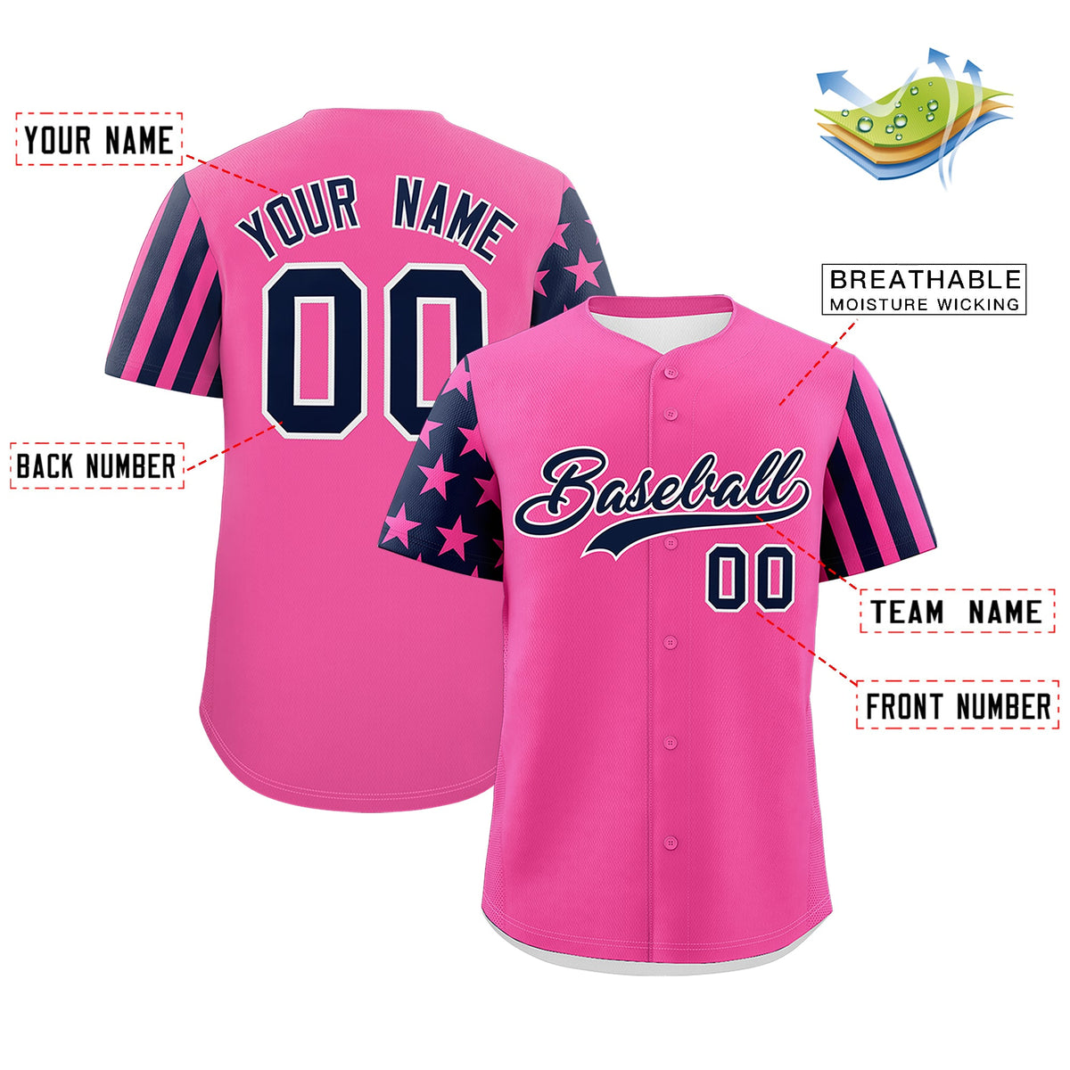 Custom Pink Navy Black American Flag Raglan Sleeves Baseball Jersey| KXKSHOP