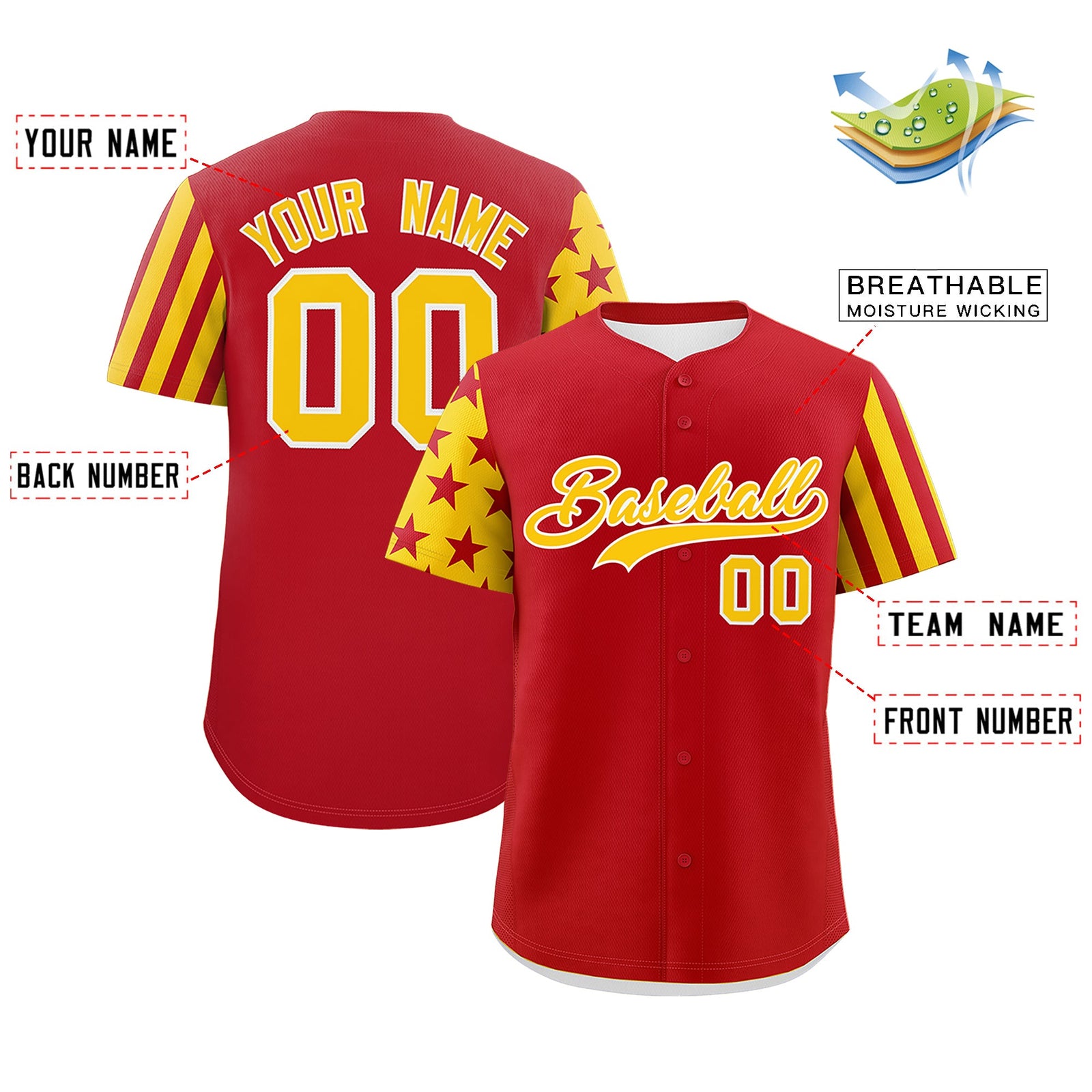 Custom Red Gold American Flag Raglan Sleeves Baseball Jersey| KXKSHOP