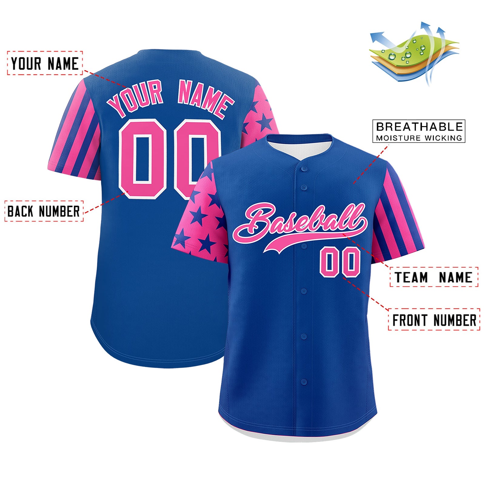 Custom Royal Blue Pink American Flag Raglan Sleeves Baseball Jersey| KXKSHOP