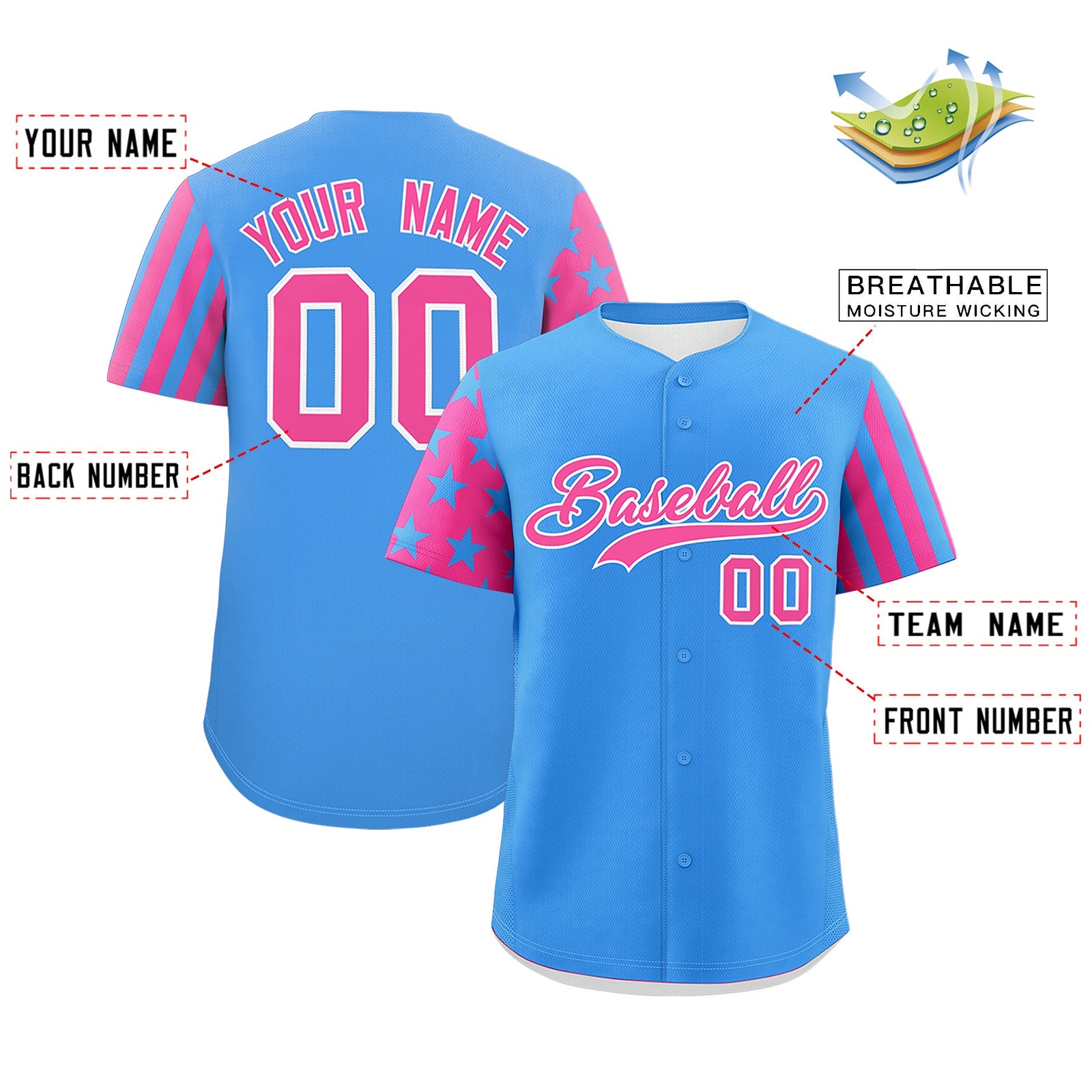 Custom Powder Blue Pink American Flag Raglan Sleeves Baseball Jersey| KXKSHOP