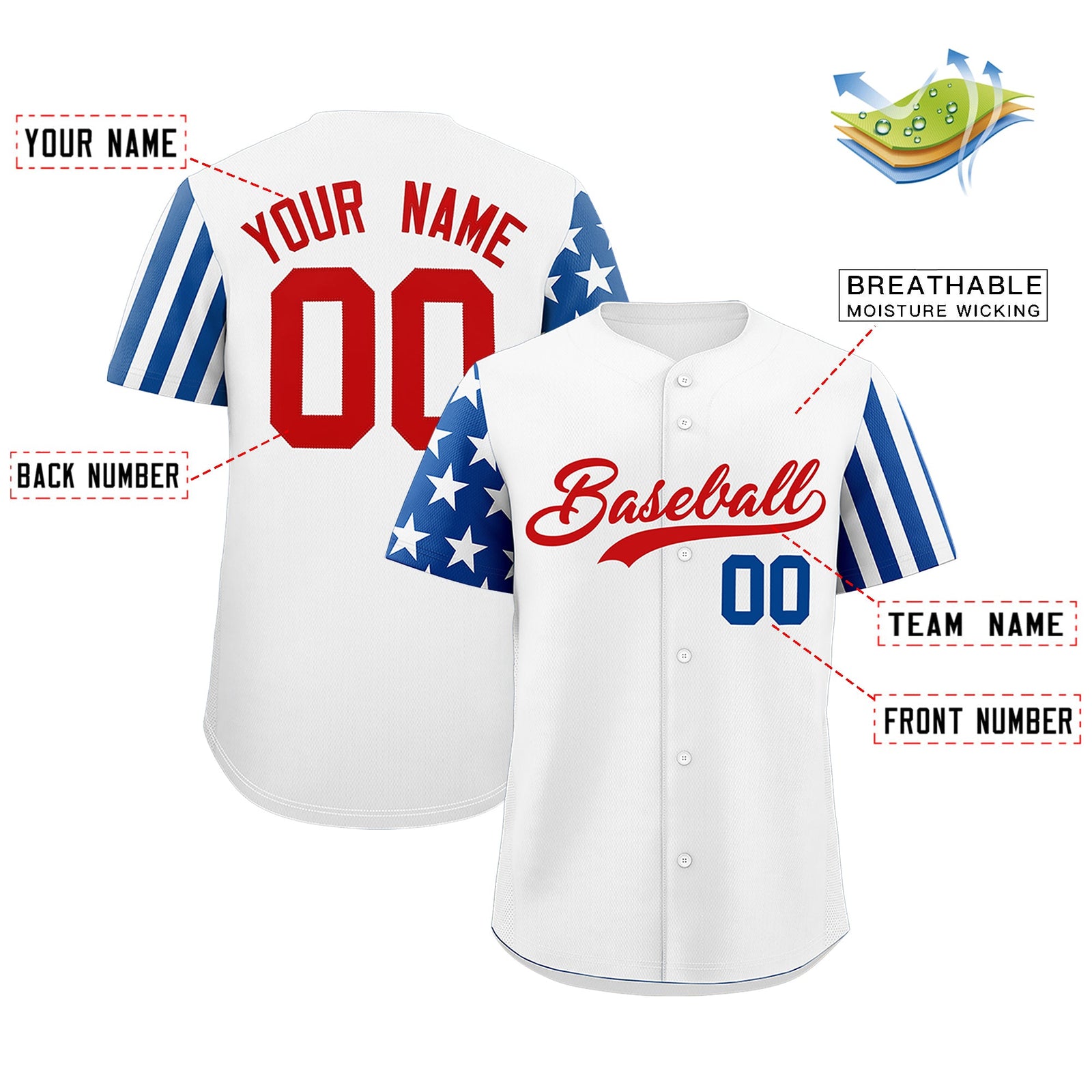 Custom White Royal Blue Red American Flag Raglan Sleeves Baseball Jersey| KXKSHOP
