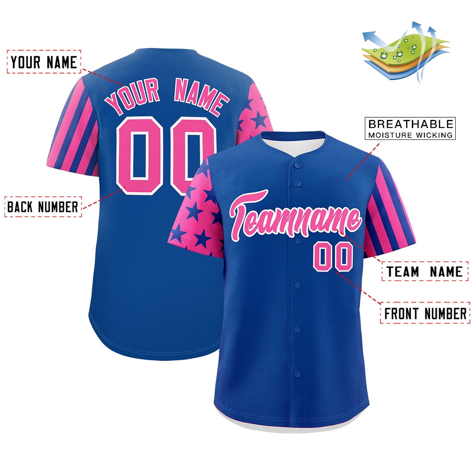Custom Royal Blue Pink American Flag Raglan Sleeves Baseball Jersey| KXKSHOP