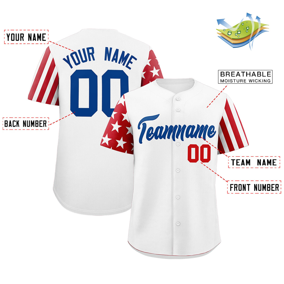 Custom White Red Royal Blue American Flag Raglan Sleeves Baseball Jersey| KXKSHOP