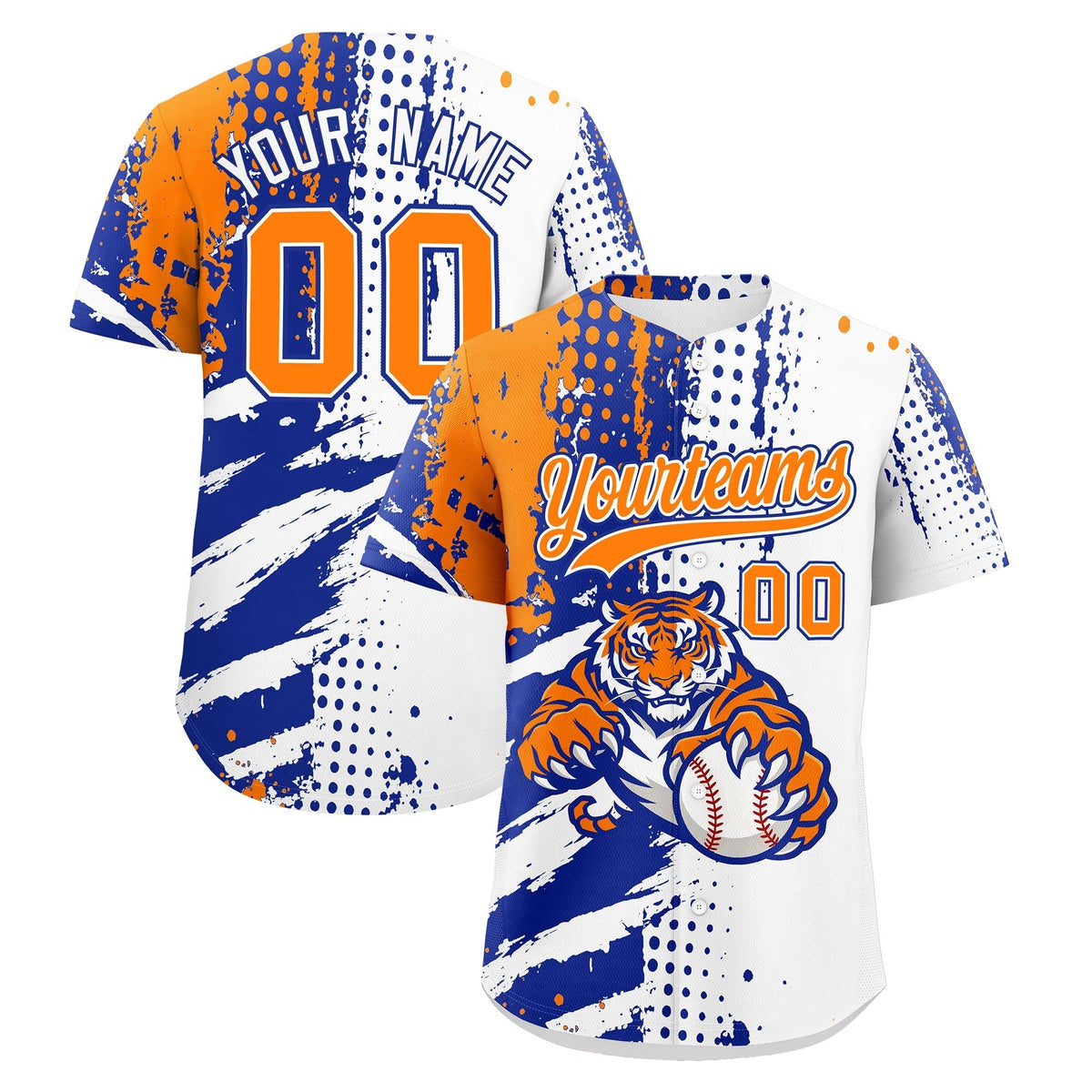 Custom White Royal Blue Orange Full-Snap Graffiti Pattern Tiger Graffiti Jersey Baseball Jersey| KXKSHOP