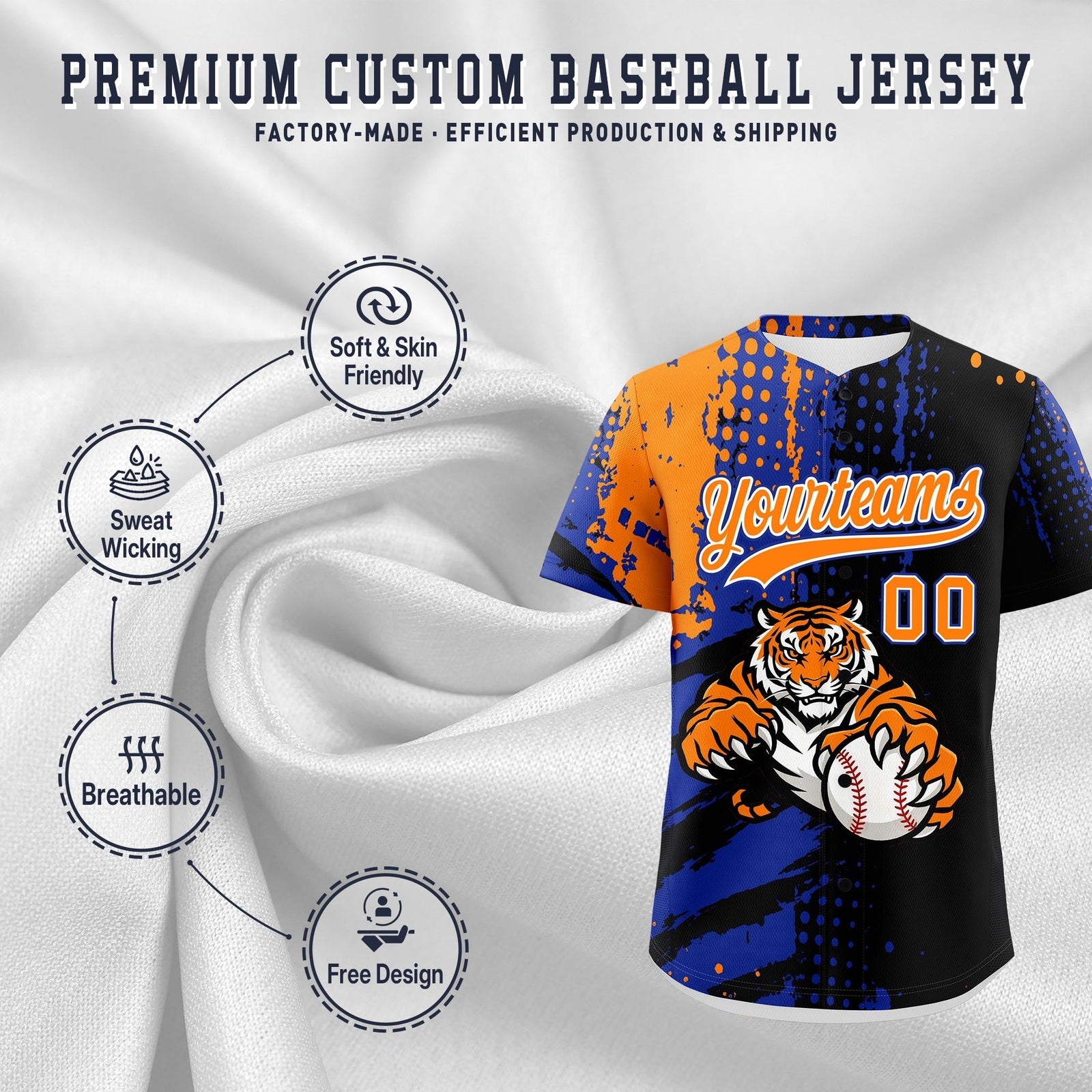 Custom Black Royal Blue Orange Full-Snap Graffiti Pattern Tiger Graffiti Jersey Baseball Jersey| KXKSHOP