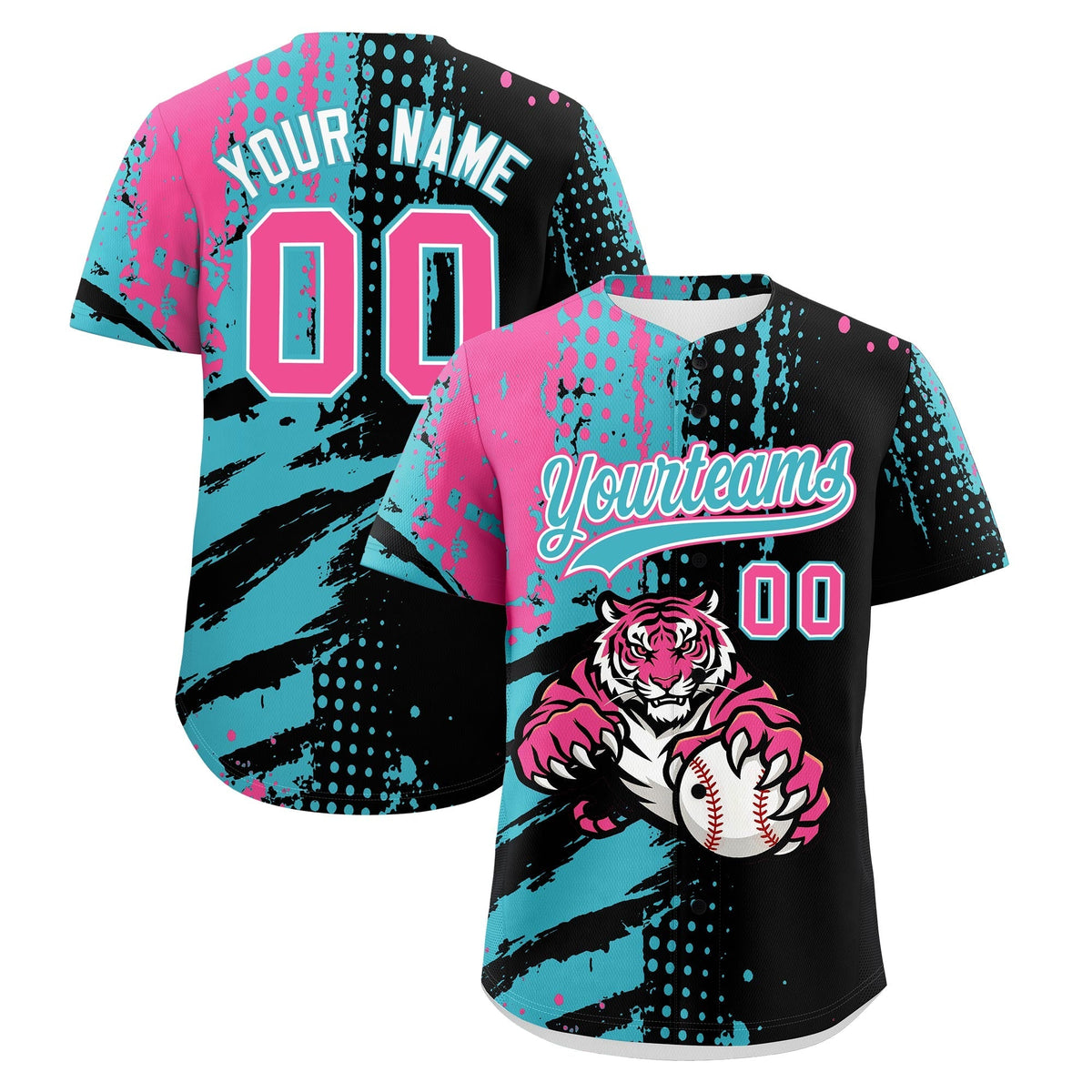 Custom Black Aqua Pink Full-Snap Graffiti Pattern Tiger Graffiti Jersey Baseball Jersey| KXKSHOP