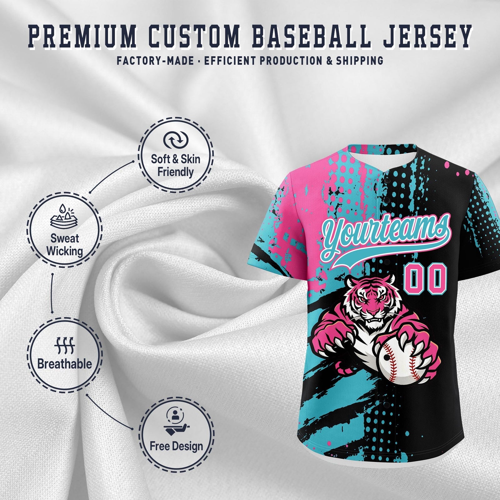 Custom Black Aqua Pink Full-Snap Graffiti Pattern Tiger Graffiti Jersey Baseball Jersey| KXKSHOP