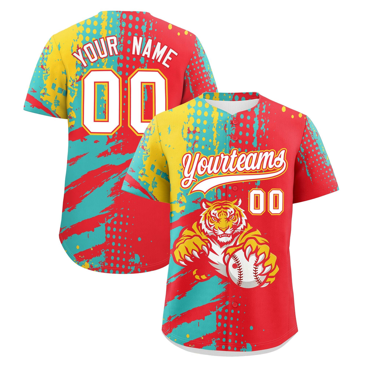 Custom Light Red Teal Gold Full-Snap Graffiti Pattern Tiger Graffiti Jersey Baseball Jersey| KXKSHOP