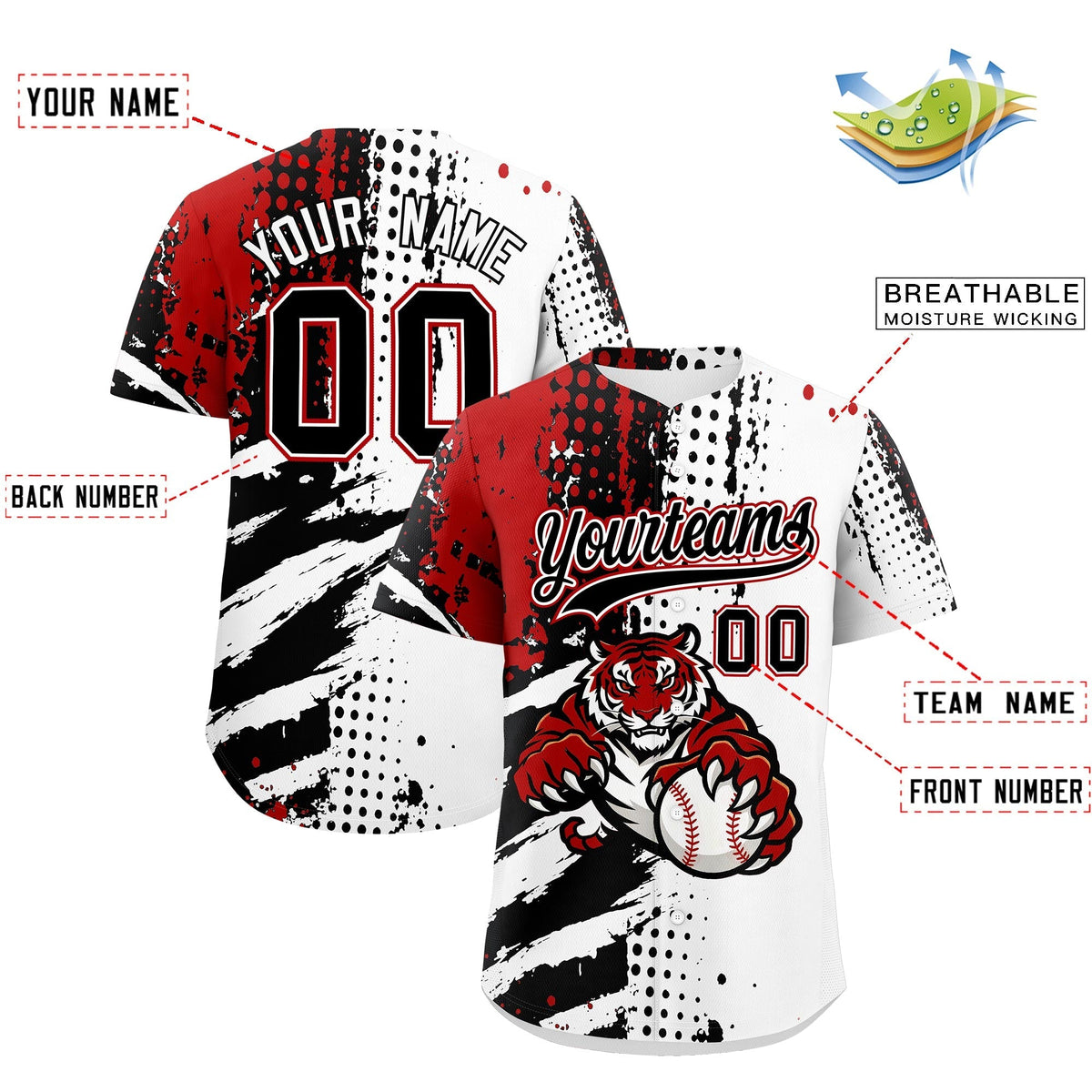 Custom White Black Red Full-Snap Graffiti Pattern Tiger Graffiti Jersey Baseball Jersey| KXKSHOP