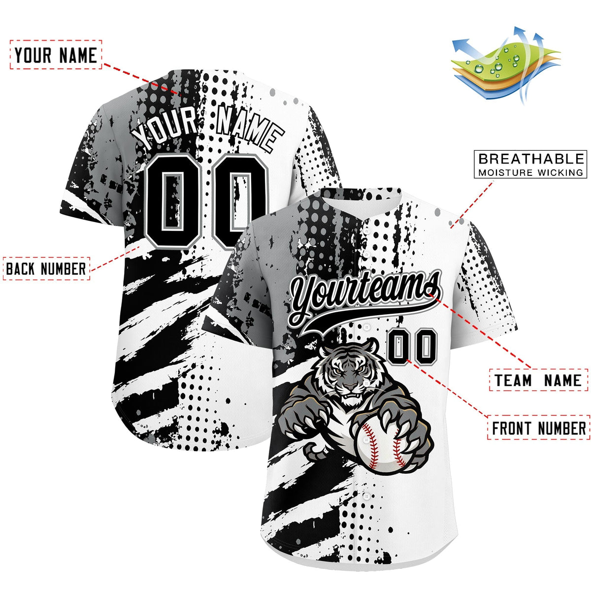 Custom White Black Gray Full-Snap Graffiti Pattern Tiger Graffiti Jersey Baseball Jersey| KXKSHOP