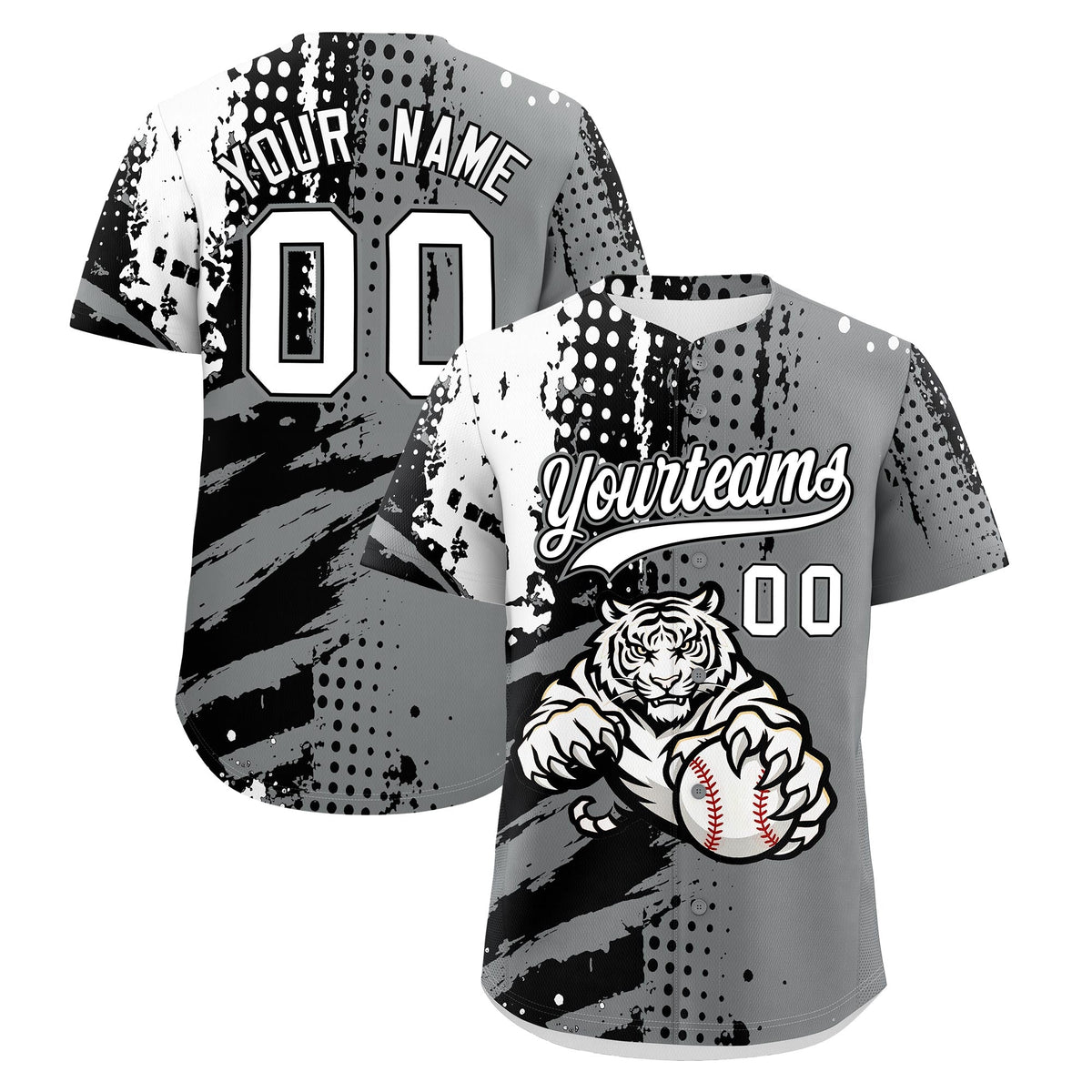 Custom Gray Black White Full-Snap Graffiti Pattern Tiger Graffiti Jersey Baseball Jersey| KXKSHOP