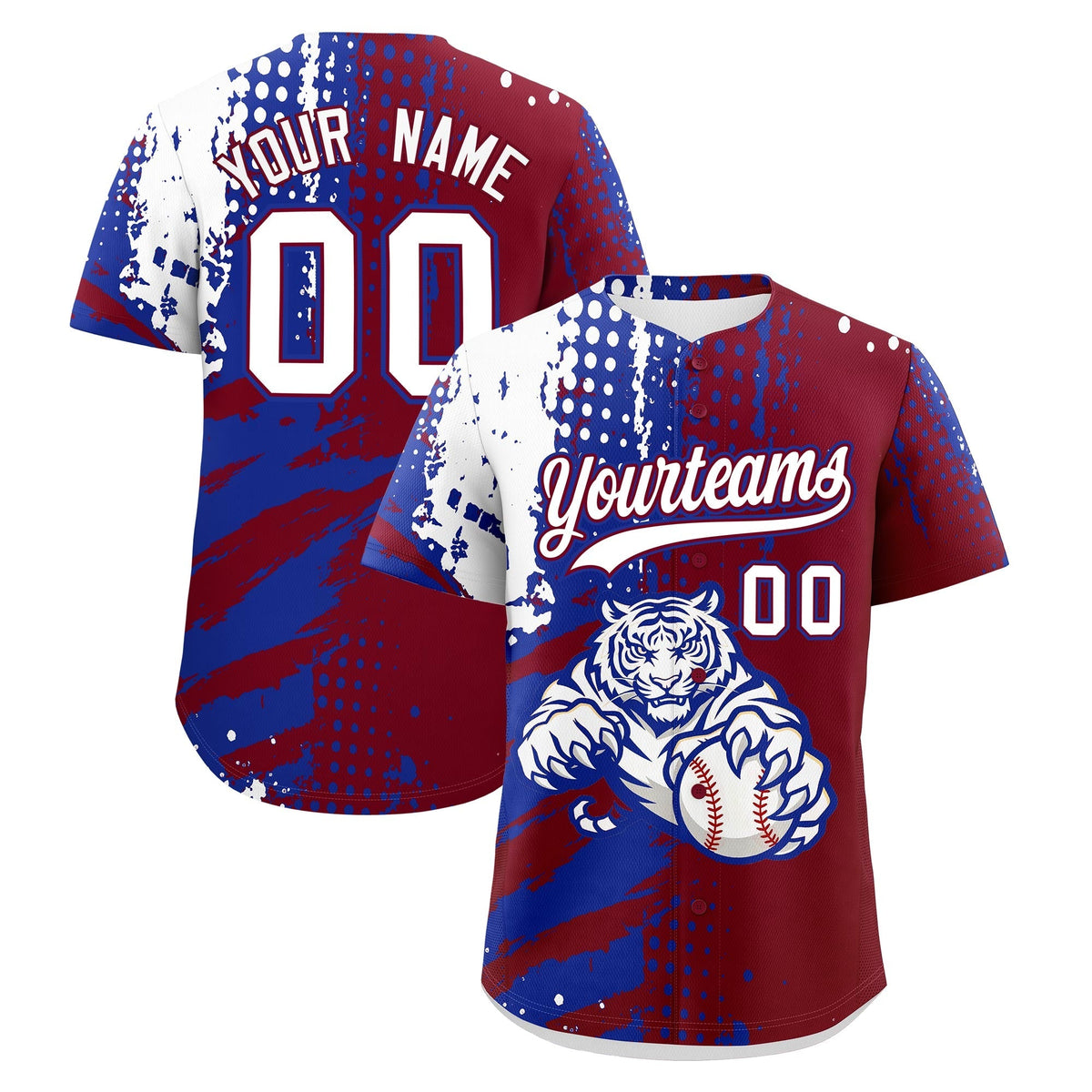 Custom Crimson Royal Blue White Full-Snap Graffiti Pattern Tiger Graffiti Jersey Baseball Jersey| KXKSHOP