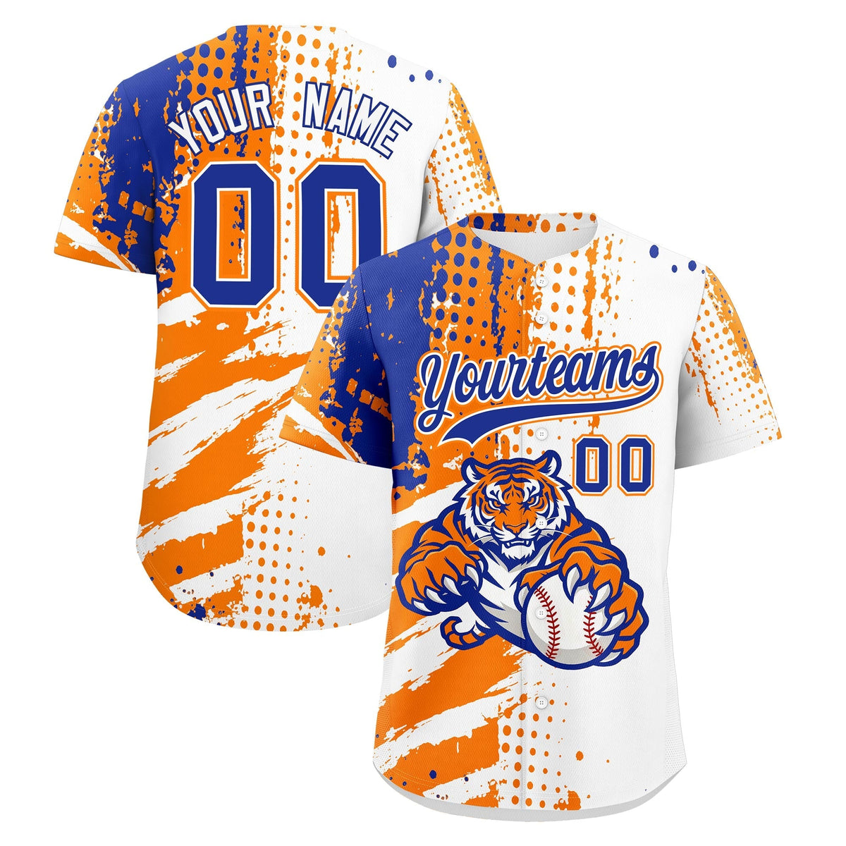 Custom White Orange Royal Blue Full-Snap Graffiti Pattern Tiger Graffiti Jersey Baseball Jersey| KXKSHOP