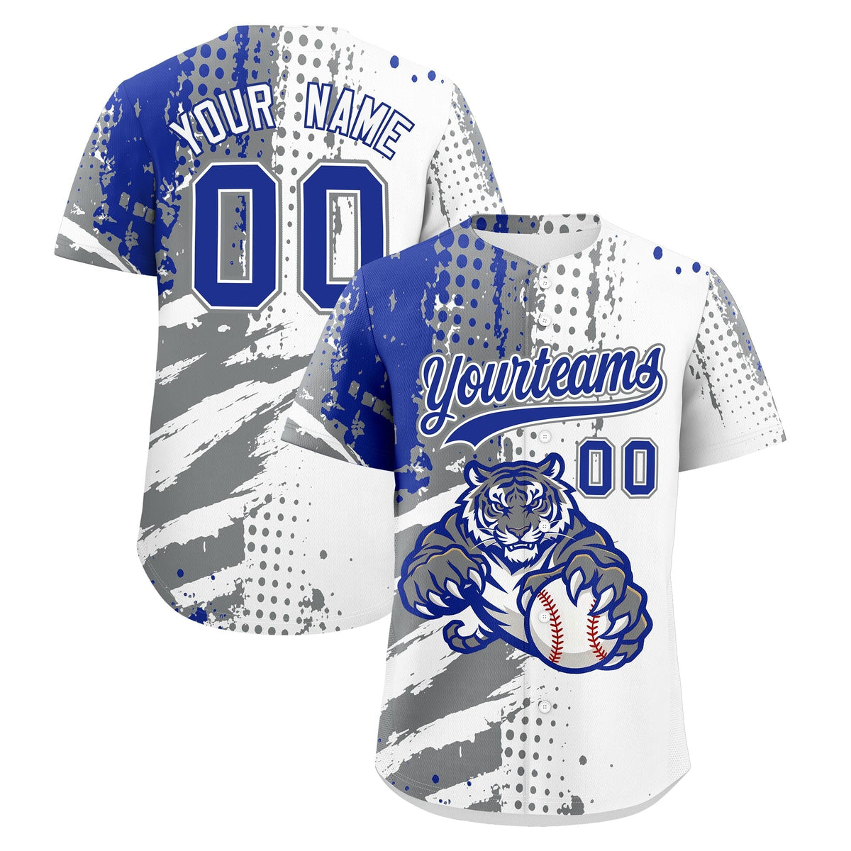 Custom White Gray Royal Blue Full-Snap Graffiti Pattern Tiger Graffiti Jersey Baseball Jersey| KXKSHOP