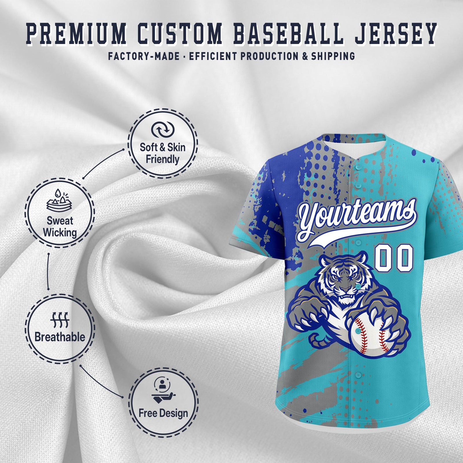 Custom Sky Blue Gray Royal Blue Full-Snap Graffiti Pattern Tiger Graffiti Jersey Baseball Jersey| KXKSHOP