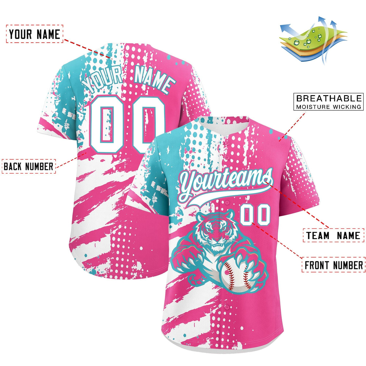 Custom Pink White Sky Blue Full-Snap Graffiti Pattern Tiger Graffiti Jersey Baseball Jersey| KXKSHOP
