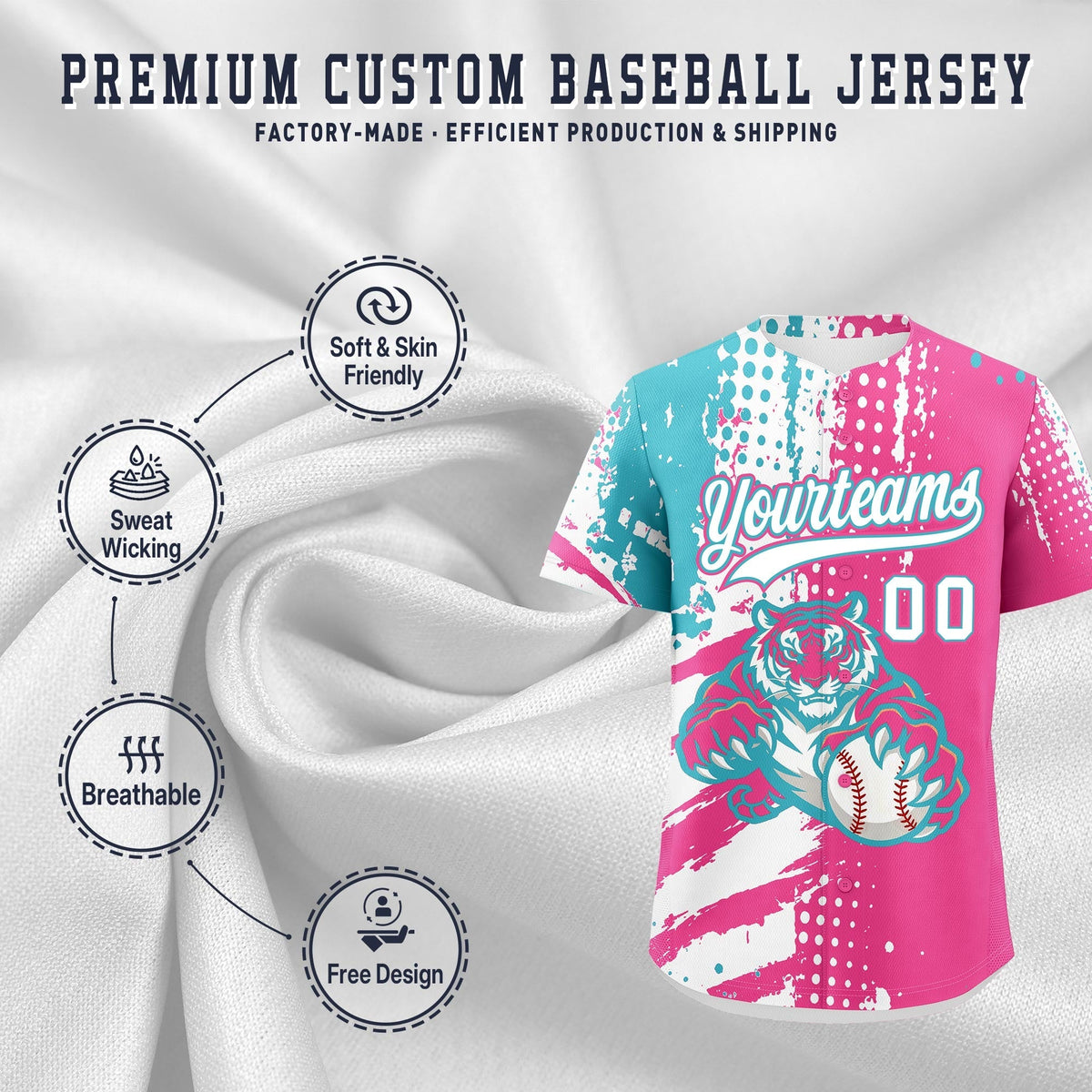 Custom Pink White Sky Blue Full-Snap Graffiti Pattern Tiger Graffiti Jersey Baseball Jersey| KXKSHOP