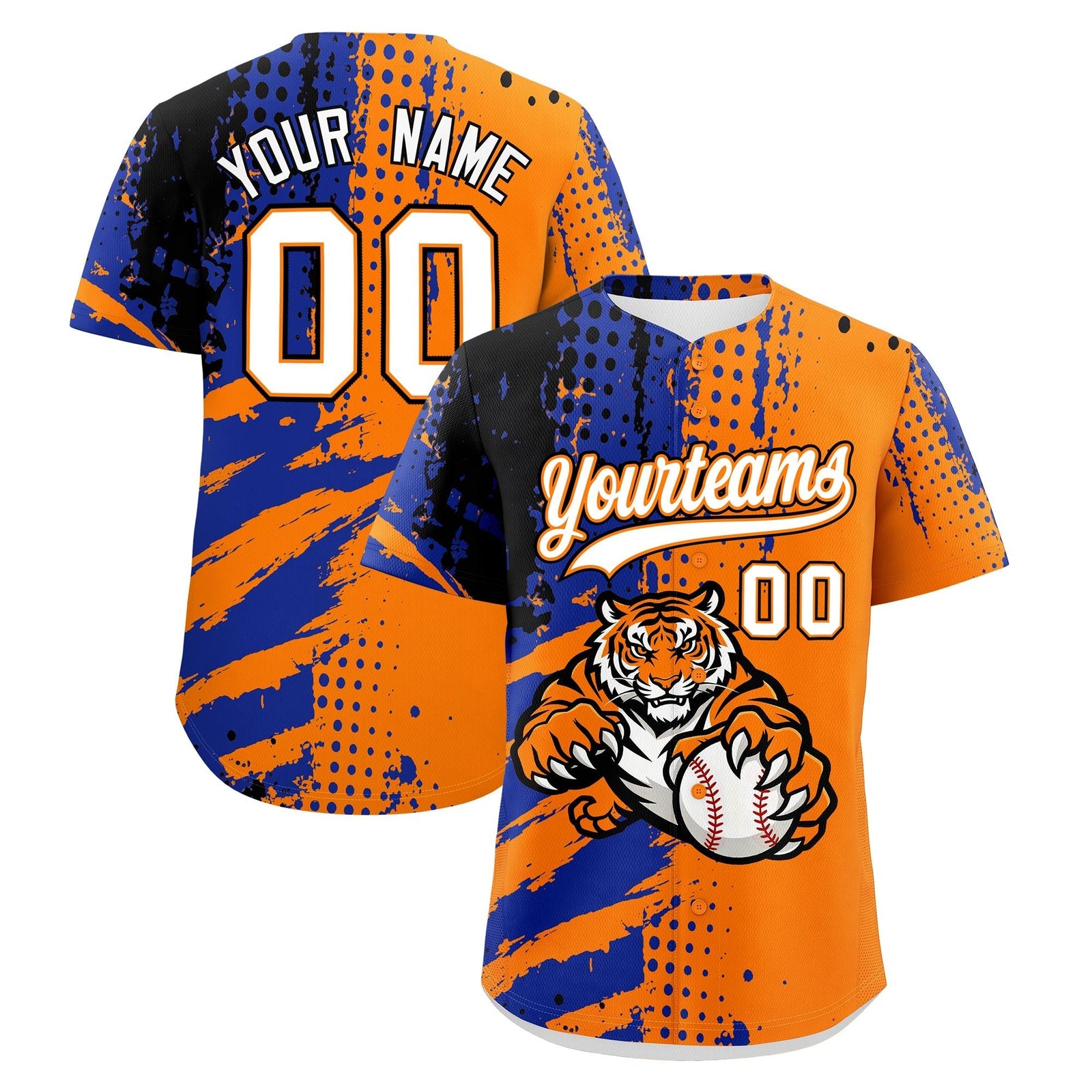 Custom Orange Royal Blue Black Full-Snap Graffiti Pattern Tiger Graffiti Jersey Baseball Jersey| KXKSHOP
