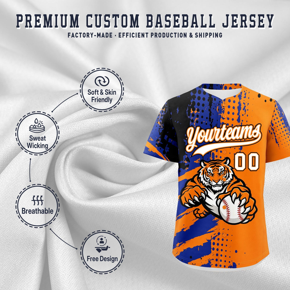 Custom Orange Royal Blue Black Full-Snap Graffiti Pattern Tiger Graffiti Jersey Baseball Jersey| KXKSHOP