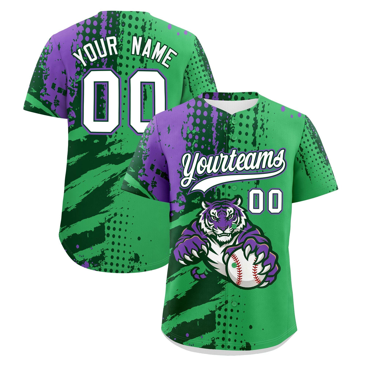 Custom Neon Green Dark Green White Full-Snap Graffiti Pattern Tiger Graffiti Jersey Baseball Jersey| KXKSHOP