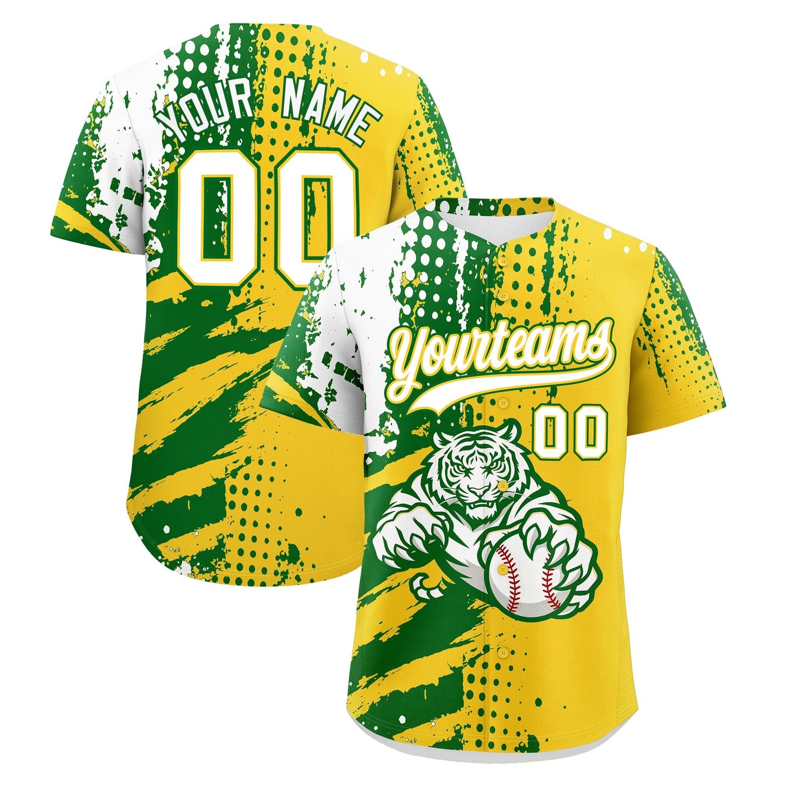 Custom Gold Kelly Green White Full-Snap Graffiti Pattern Tiger Graffiti Jersey Baseball Jersey| KXKSHOP