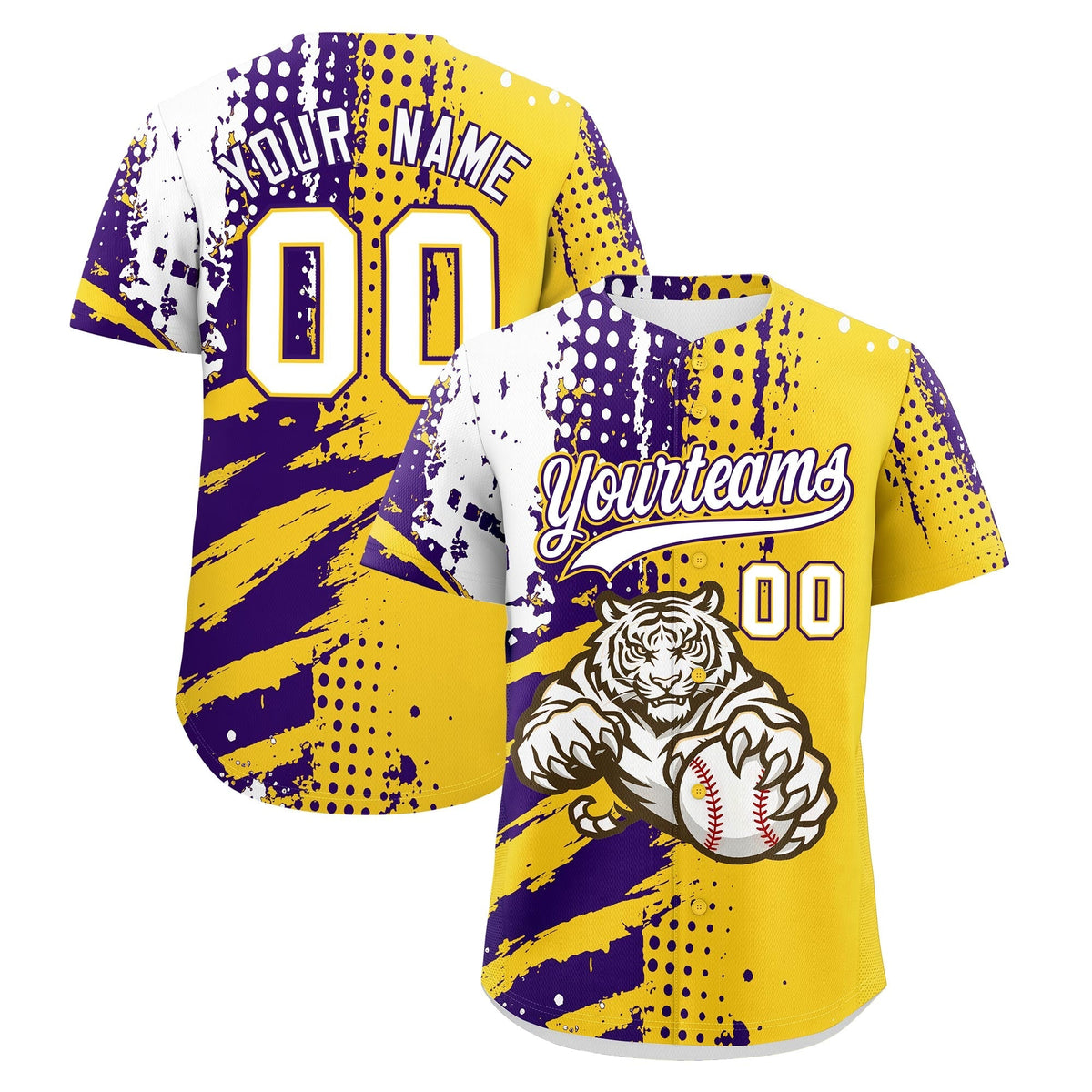 Custom Gold Purple White Full-Snap Graffiti Pattern Tiger Graffiti Jersey Baseball Jersey| KXKSHOP