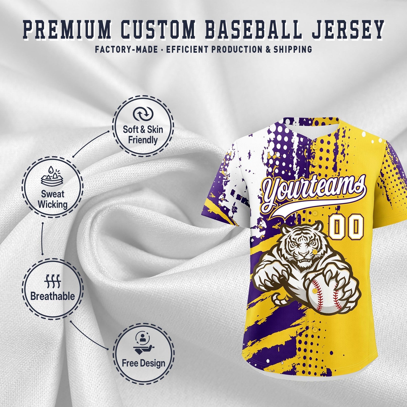 Custom Gold Purple White Full-Snap Graffiti Pattern Tiger Graffiti Jersey Baseball Jersey| KXKSHOP