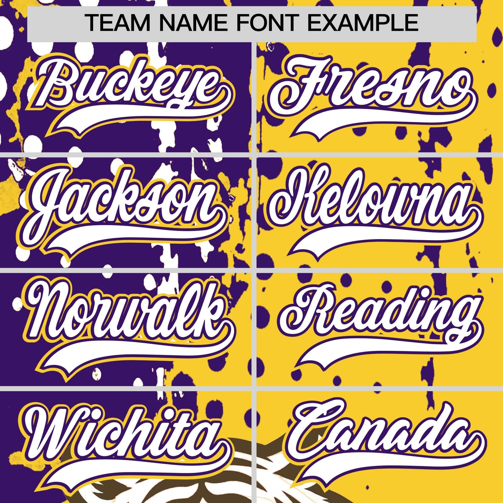 Custom Gold Purple White Full-Snap Graffiti Pattern Tiger Graffiti Jersey Baseball Jersey| KXKSHOP