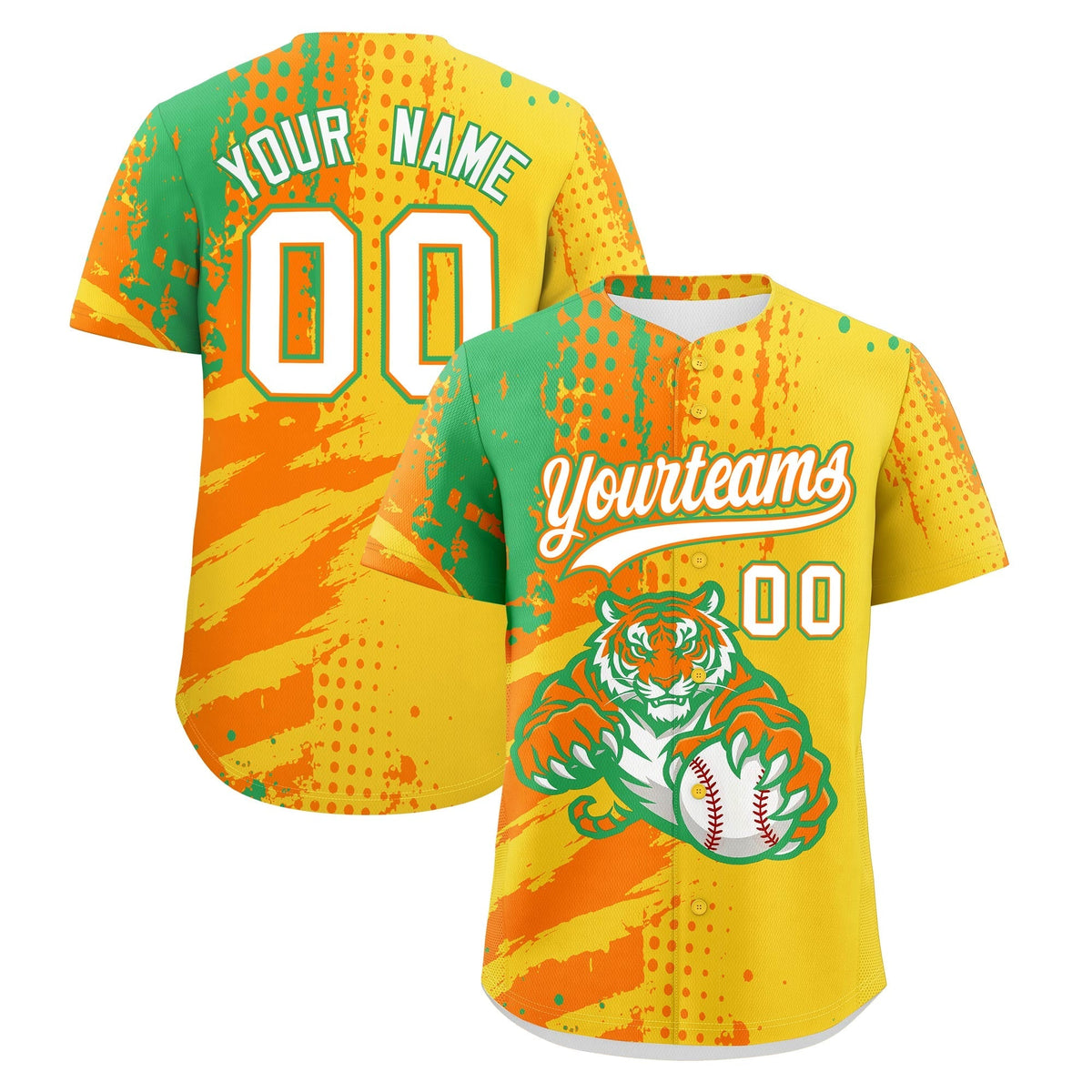 Custom Gold Orange Neon Green Full-Snap Graffiti Pattern Tiger Graffiti Jersey Baseball Jersey| KXKSHOP