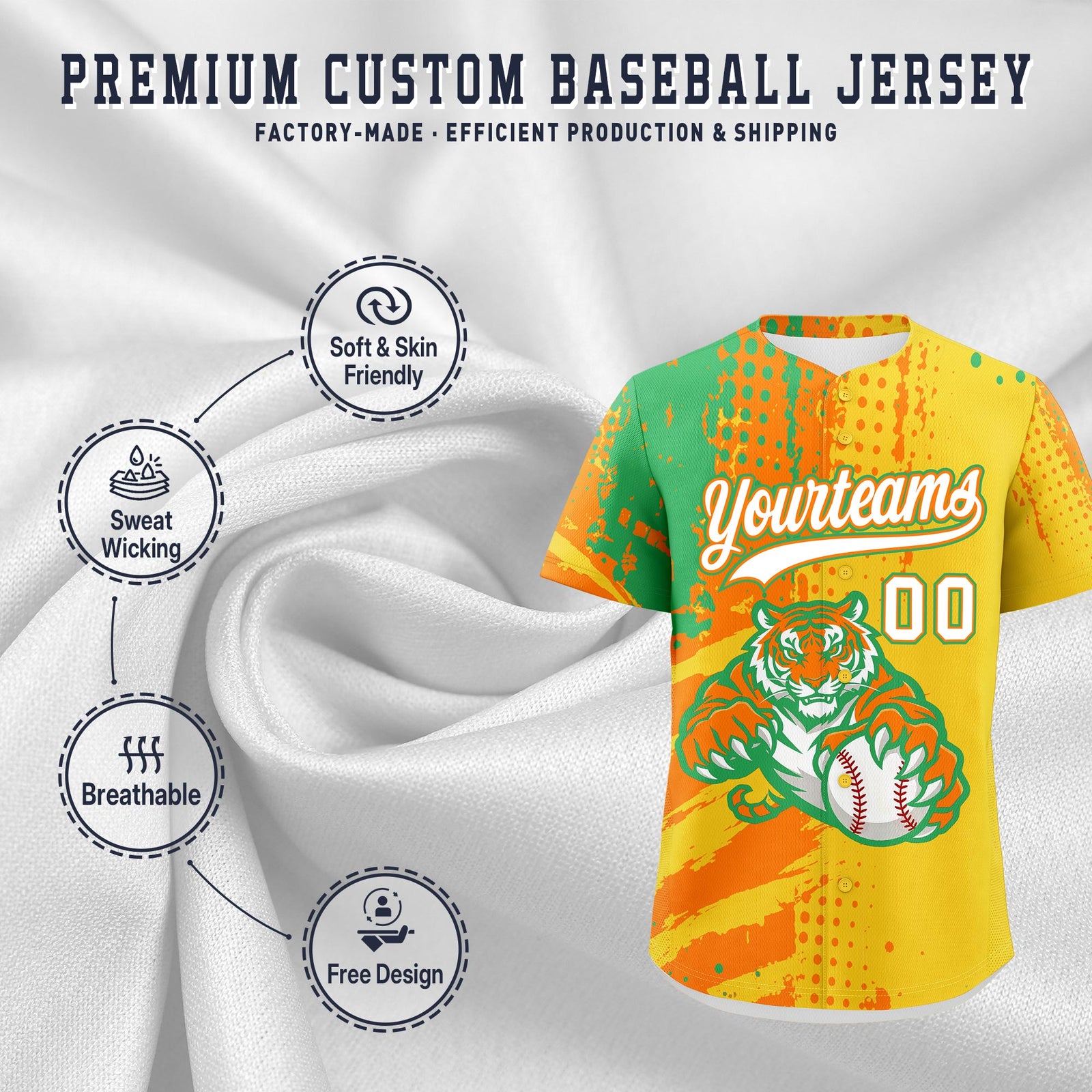 Custom Gold Orange Neon Green Full-Snap Graffiti Pattern Tiger Graffiti Jersey Baseball Jersey| KXKSHOP