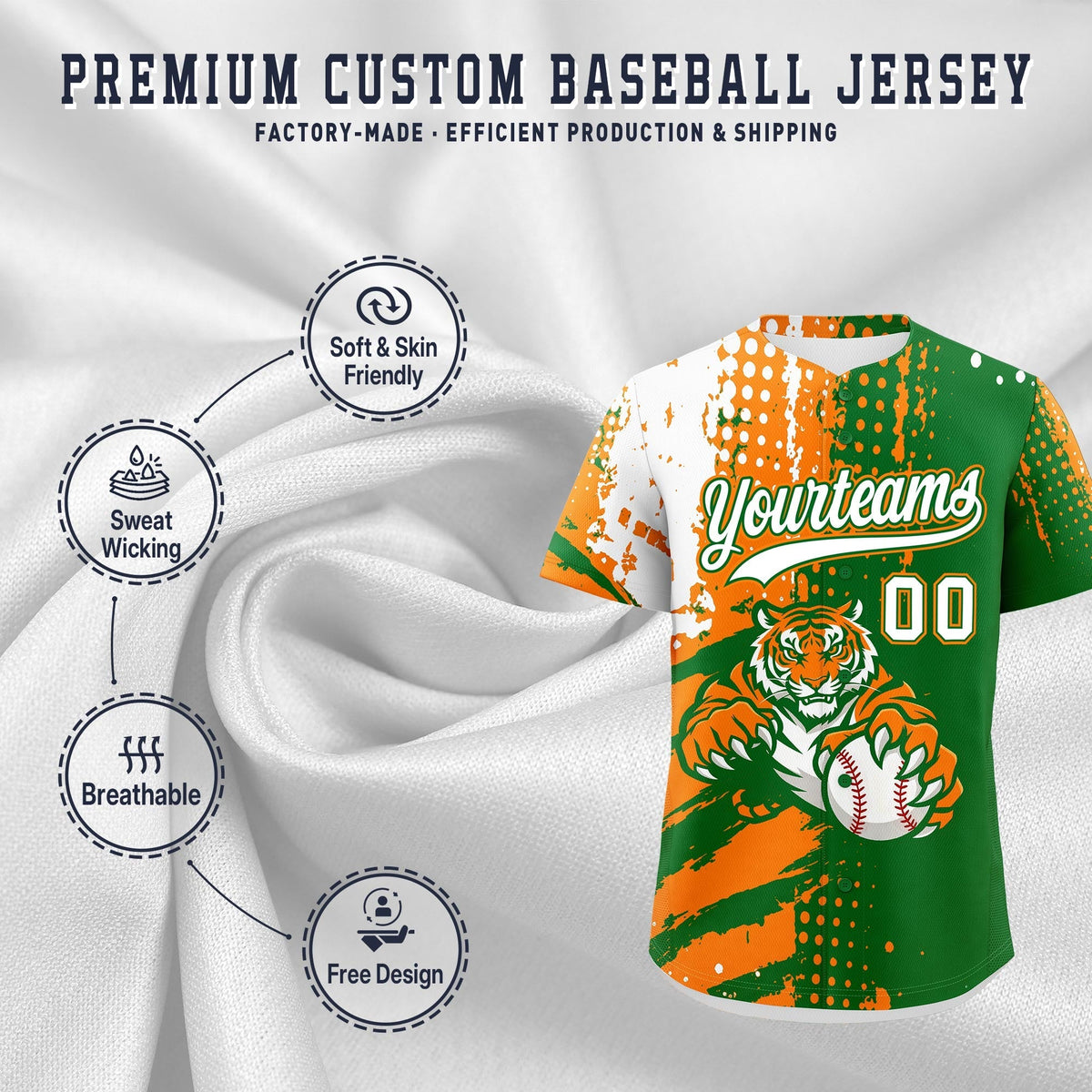 Custom Kelly Green Orange White Full-Snap Graffiti Pattern Tiger Graffiti Jersey Baseball Jersey| KXKSHOP